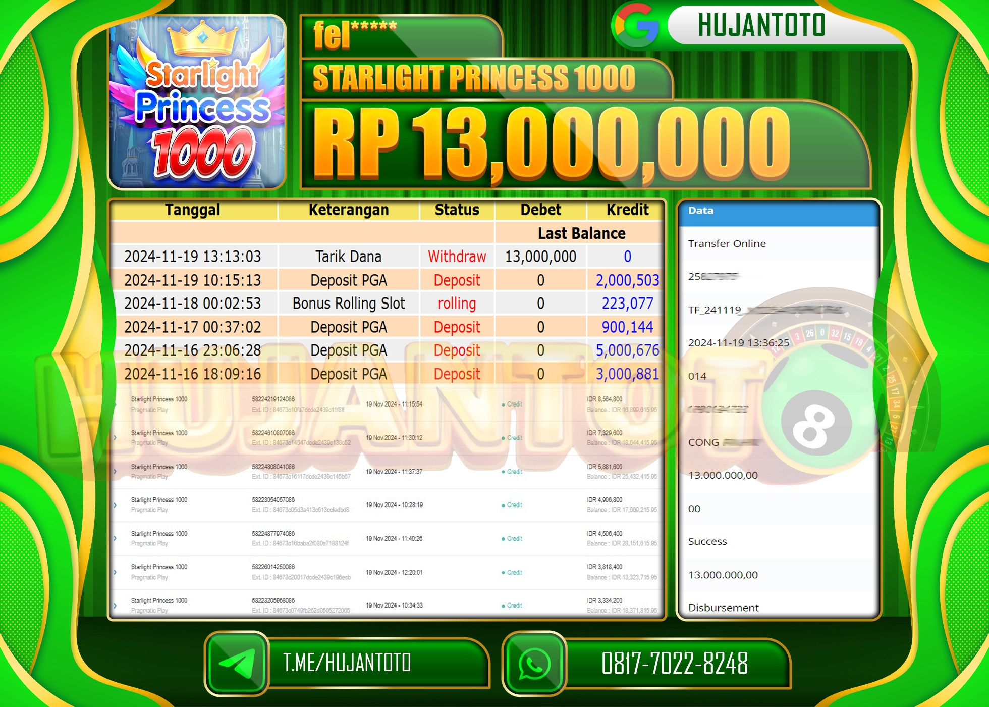 HUJANTOTO MENANG DI RAIH DI SLOT STARLIGHT PRINCESS 1000 SEBESAR - 13,000,000 - LUNAS