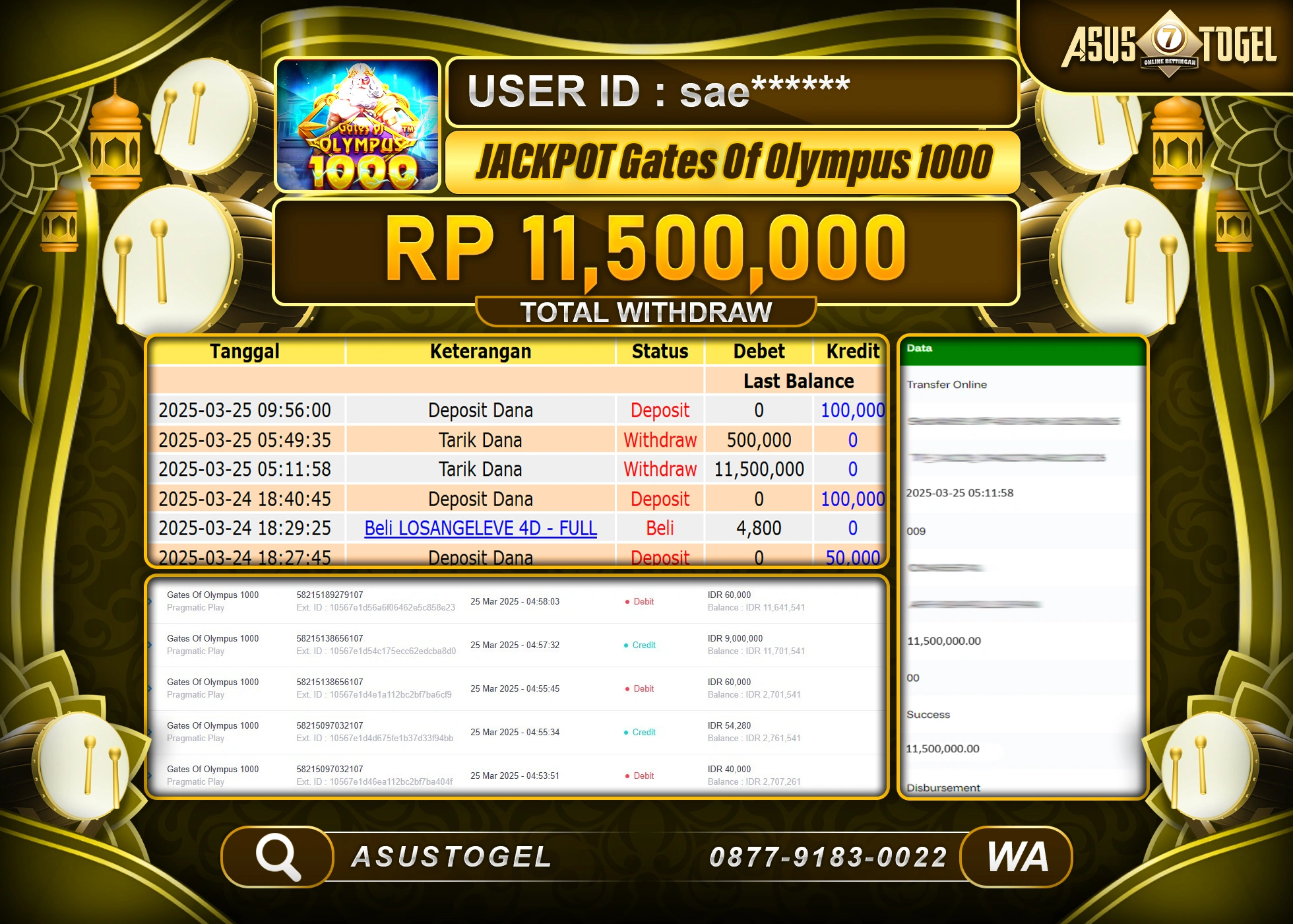 ASUSTOGEL KEMENANGAN DI SLOT GATES OF OLYMPUS 1000 SEBESAR 11,500,000- RUPIAH LUNAS
