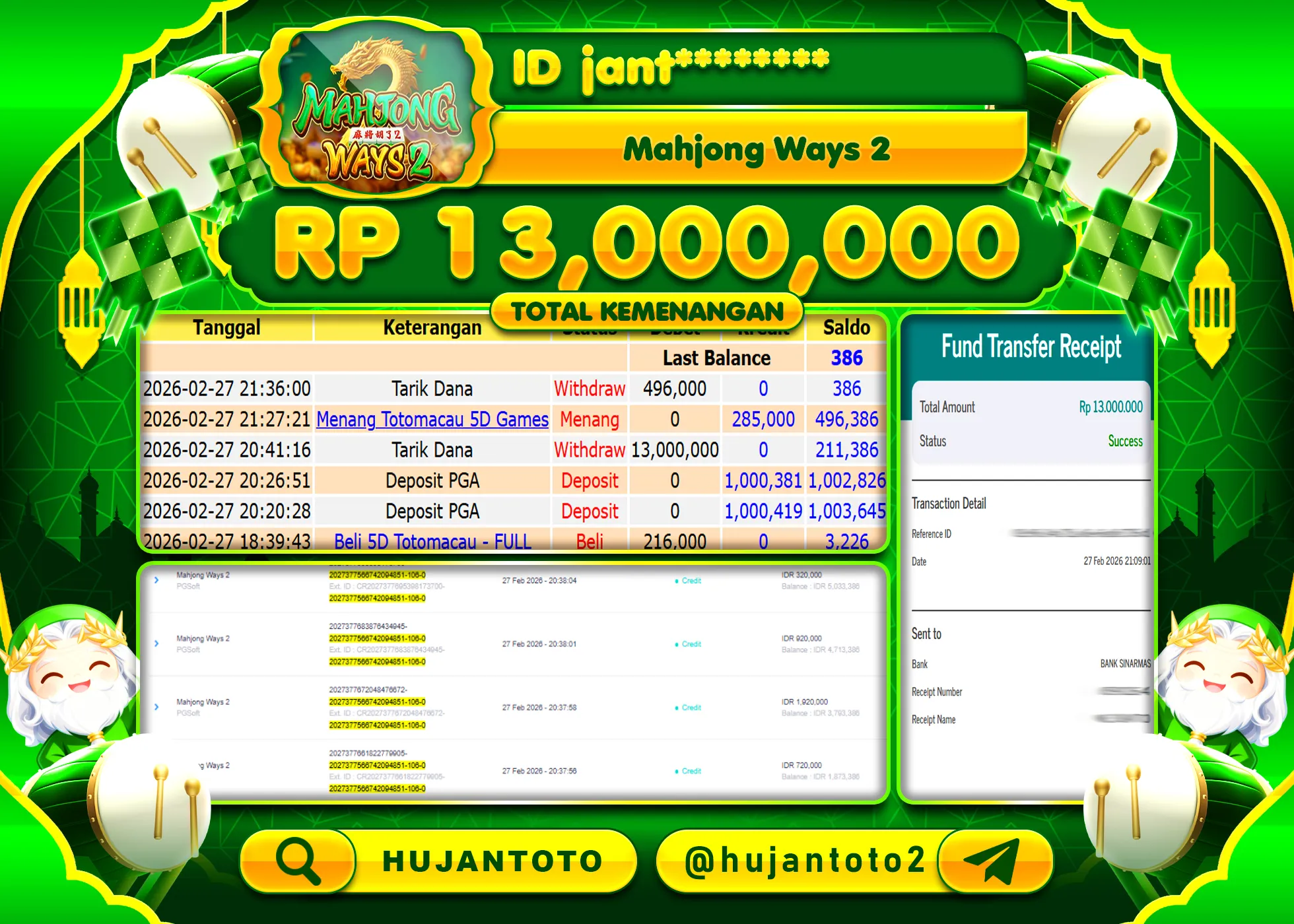 HUJANTOTO - BUKTI JACKPOT MENANG SLOT MAHJONG WAYS 2 Rp.13,000,000 - TERBAYAR LUNAS