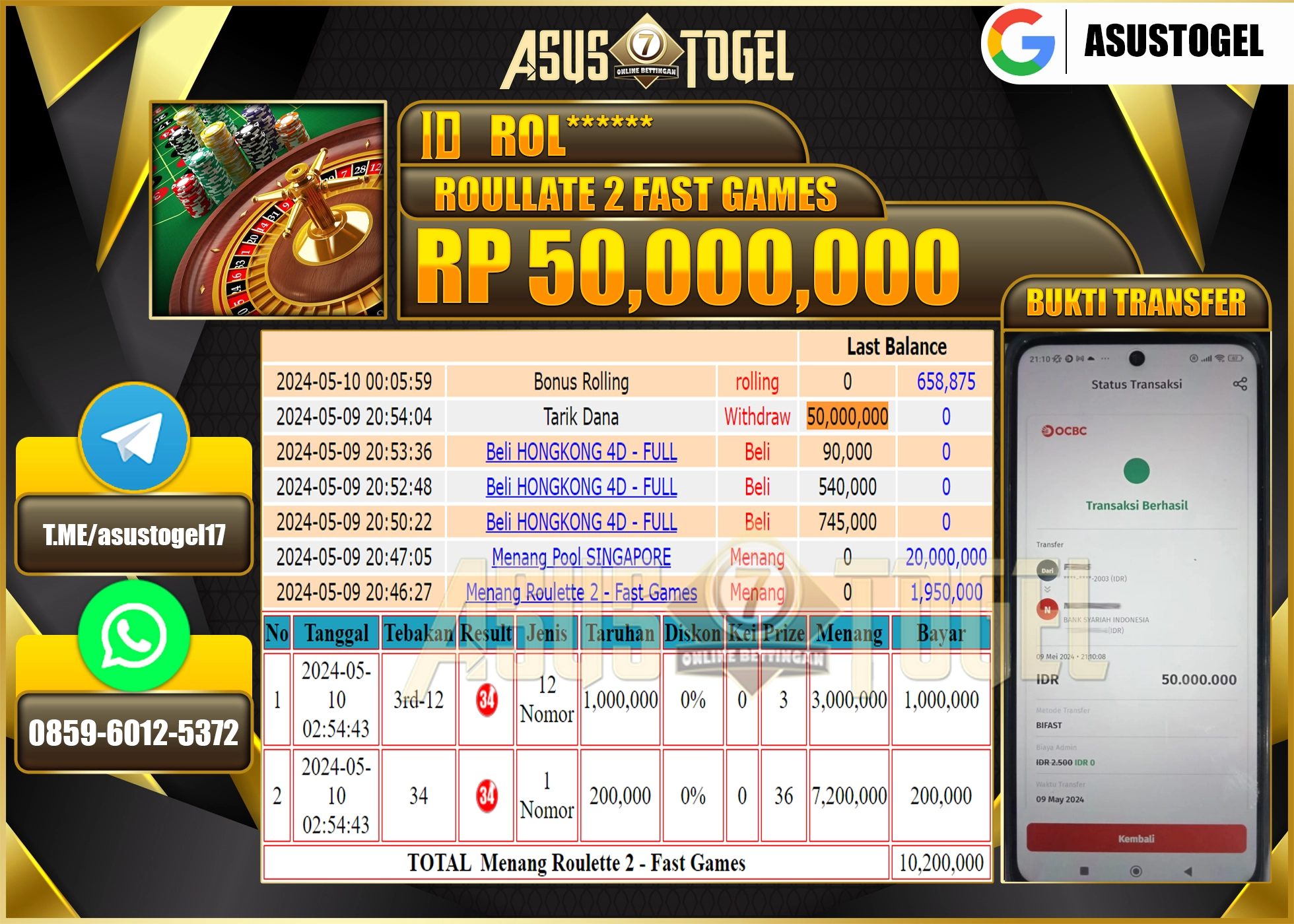 ASUSTOGEL MENANG GAMES ROULLATE2 Rp 50.000.000- LUNAS