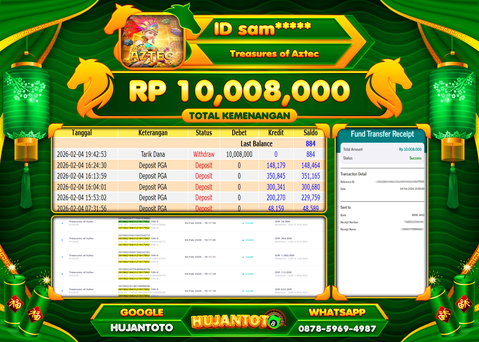 HUJANTOTO - BUKTI JACKPOT MENANG SLOT TREASURES OF AZTEC Rp.10,008,000 - TERBAYAR LUNAS