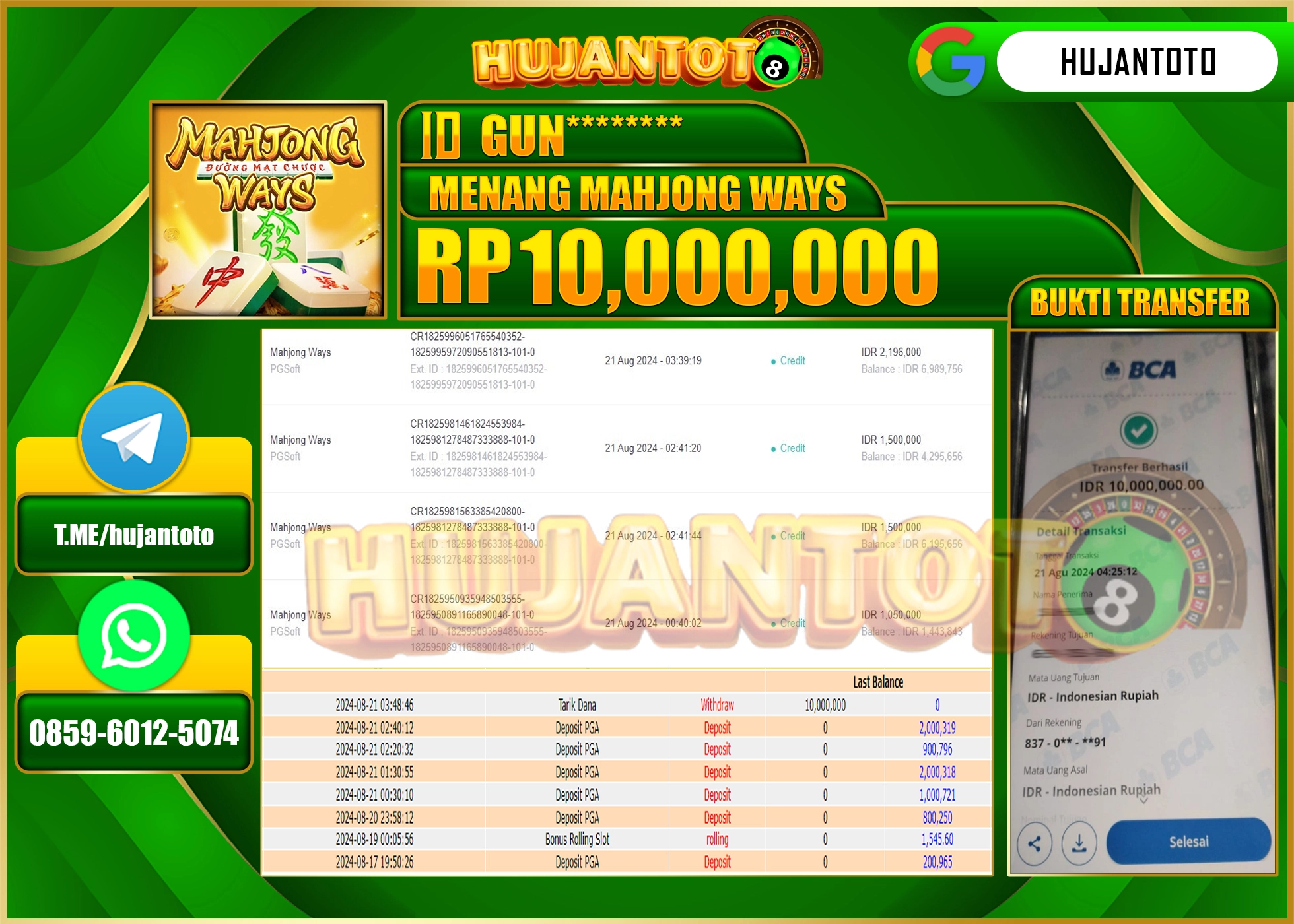 HUJANTOTO MENANG BESAR DI PERMAINAN SLOT MAHJONG WAYS 10.000.000 - LUNAS 