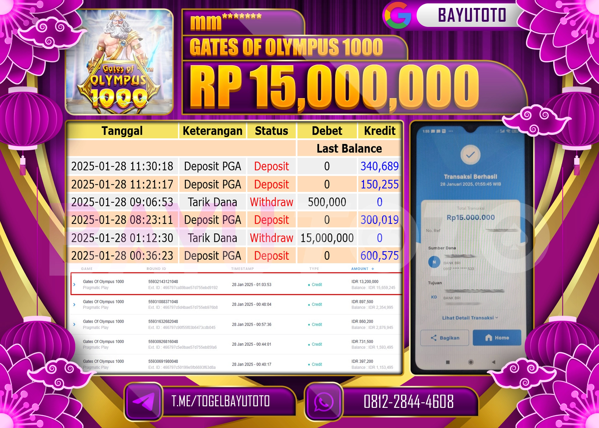 BAYUTOTO JACKPOT  GATES OF OLYMPUS 1000 Rp.15.000.000 LUNAS