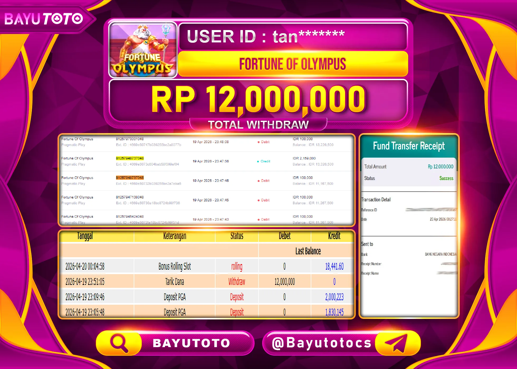 SELAMAT MEMBER SETIA BAYUTOTO JACKPOT DI SLOT FORTUNE OF OLYMPUS Rp. 12,000,000 LUNAS
