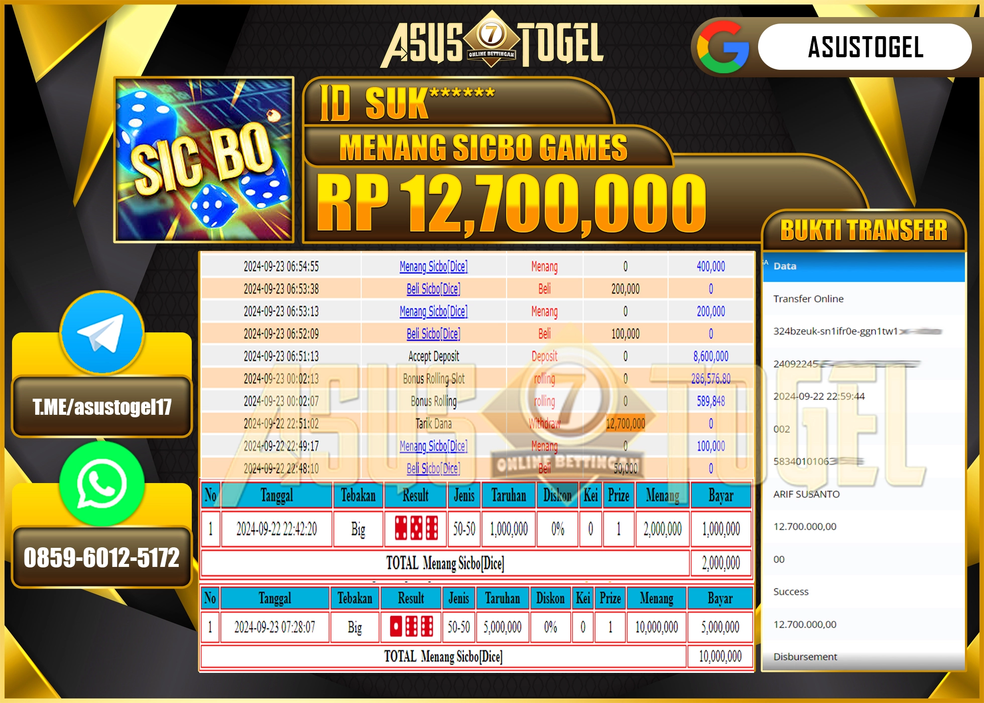ASUSTOGEL  KEMENANGAN ATAS  DI MENANG SICBO GAMES   12,700,000- RUPIAH LUNAS