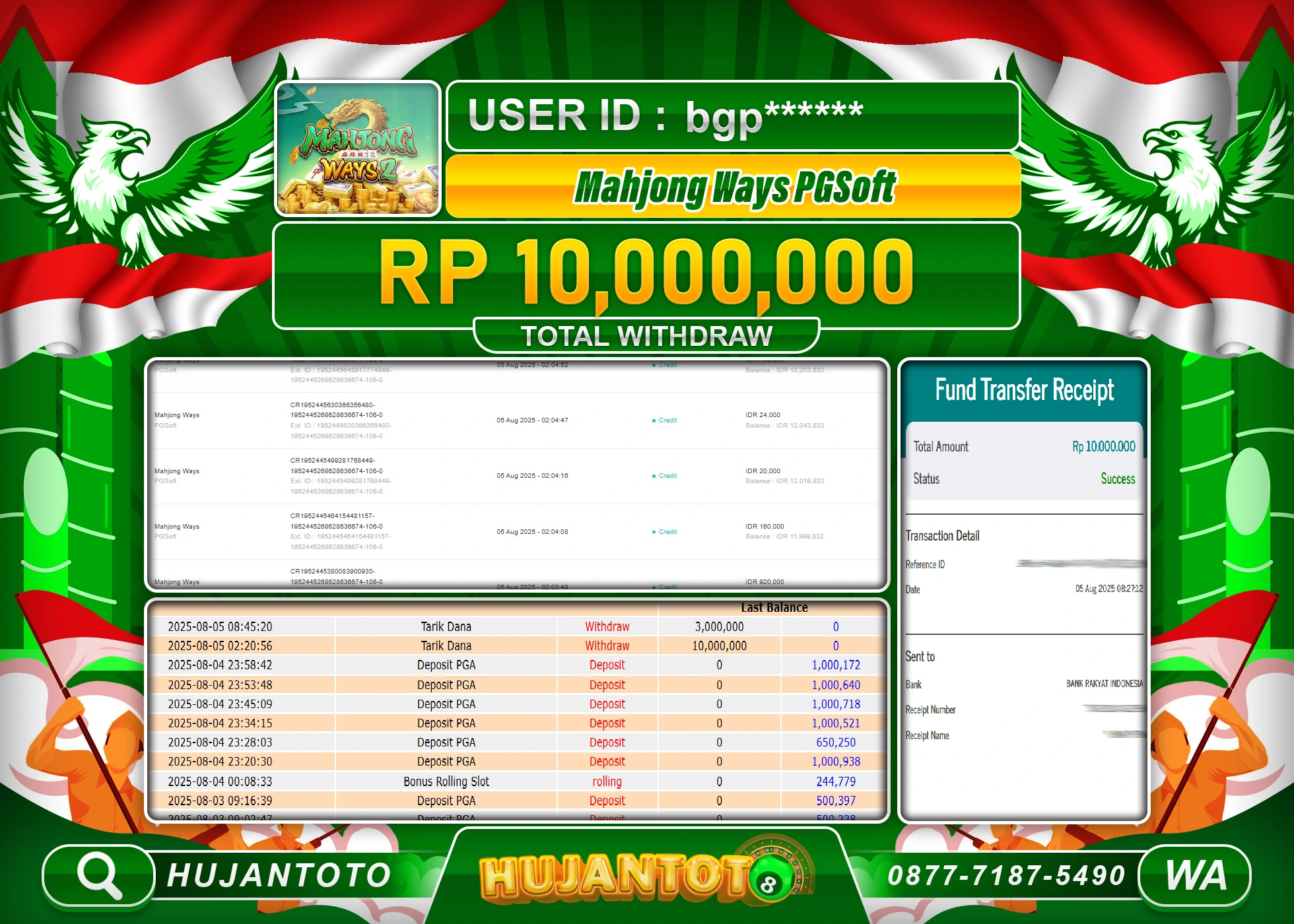HUJANTOTO - BUKTI JACKPOT MENANG SLOT MAHJONG WAYS PGSOFT Rp.10,000,000 - TERBAYAR LUNAS
