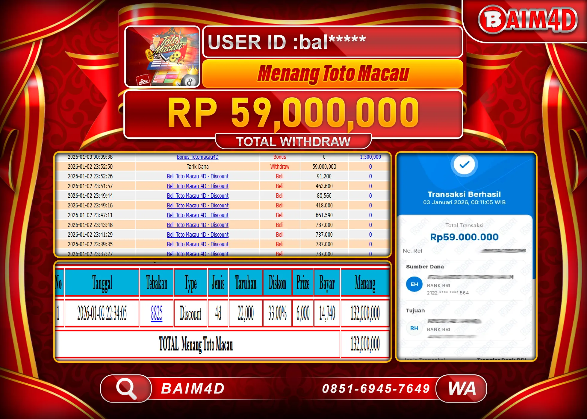 BAIM4D JACKPOT TOGEL TOTO MACAU 4D Rp.59,000,000 - LUNAS