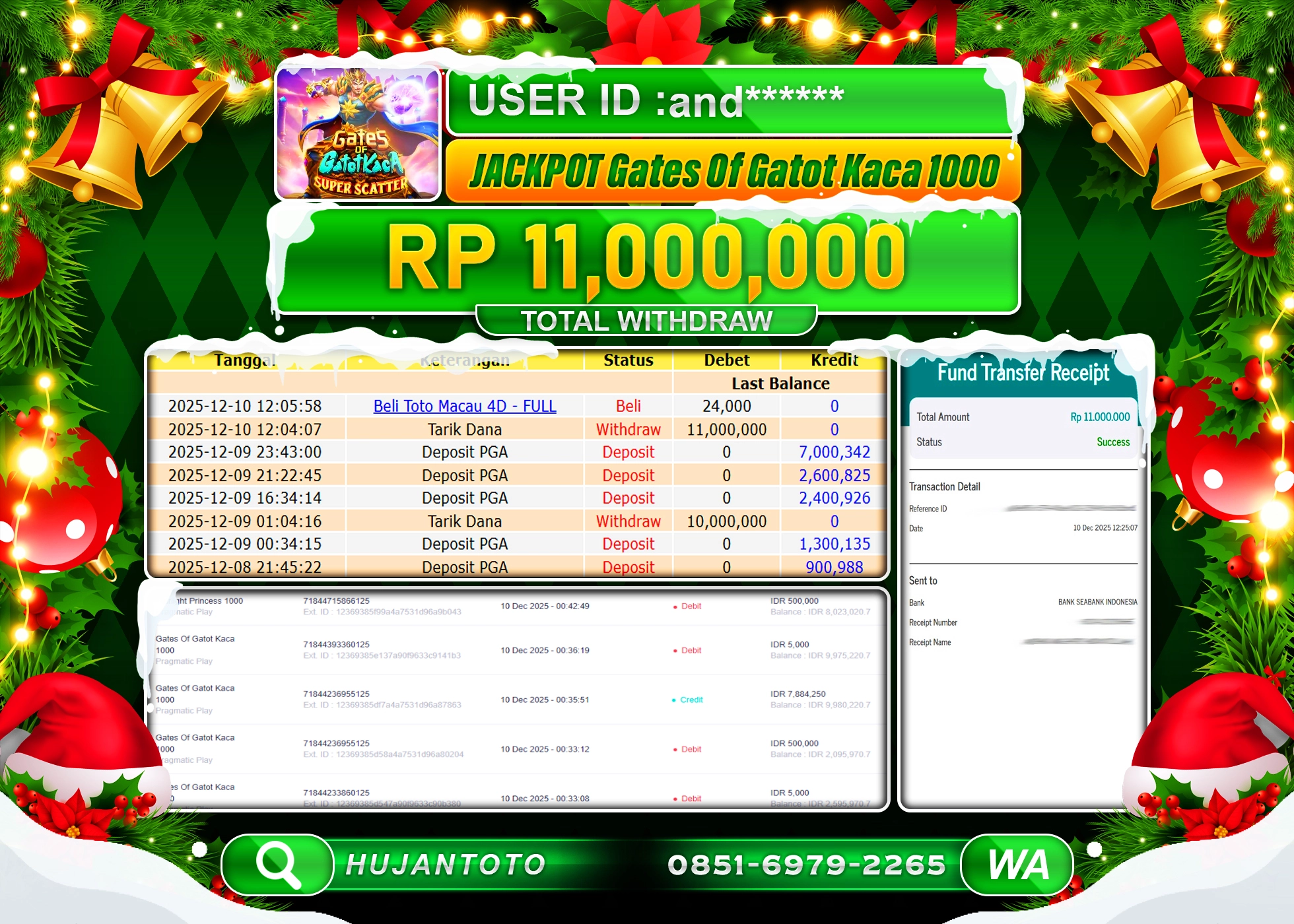 HUJANTOTO - BUKTI JACKPOT MENANG GATES OF GATOT KACA 1000 Rp.11,000,000 - TERBAYAR LUNAS