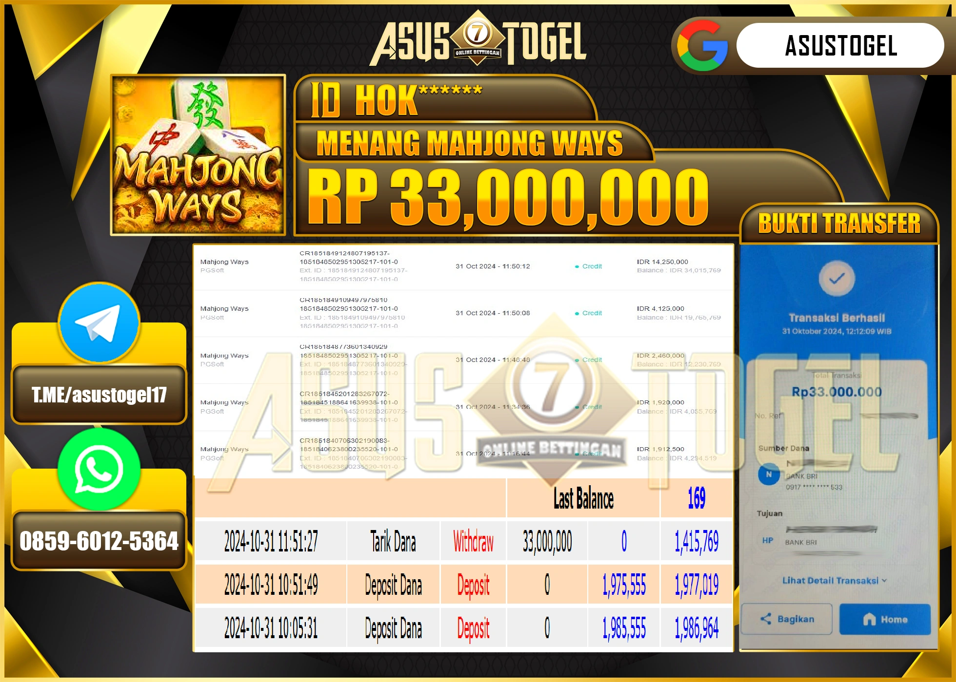 ASUSTOGEL KEMENANGAN DI GAMES MAHJONG WAYS SEBESAR 33,000,000 -RUPIAH LUNAS