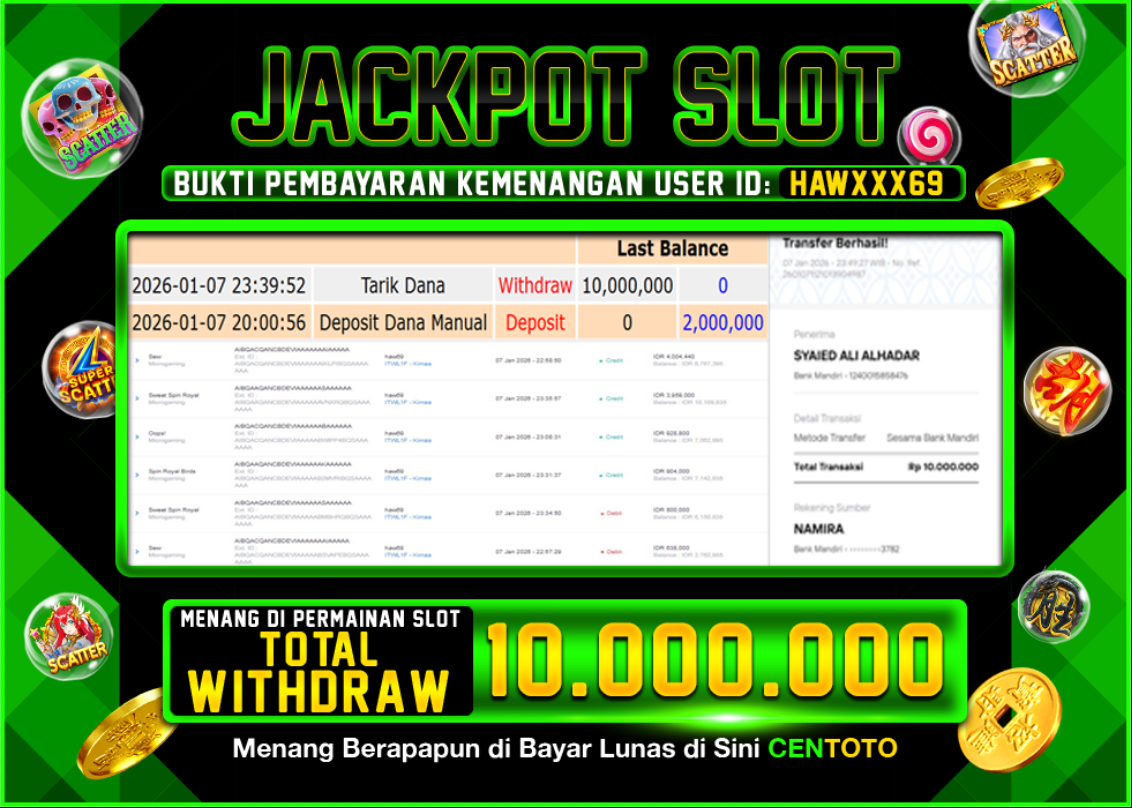 BUKTI JACKPOT SLOT CENTOTO  RP.10.000.000,-LUNAS