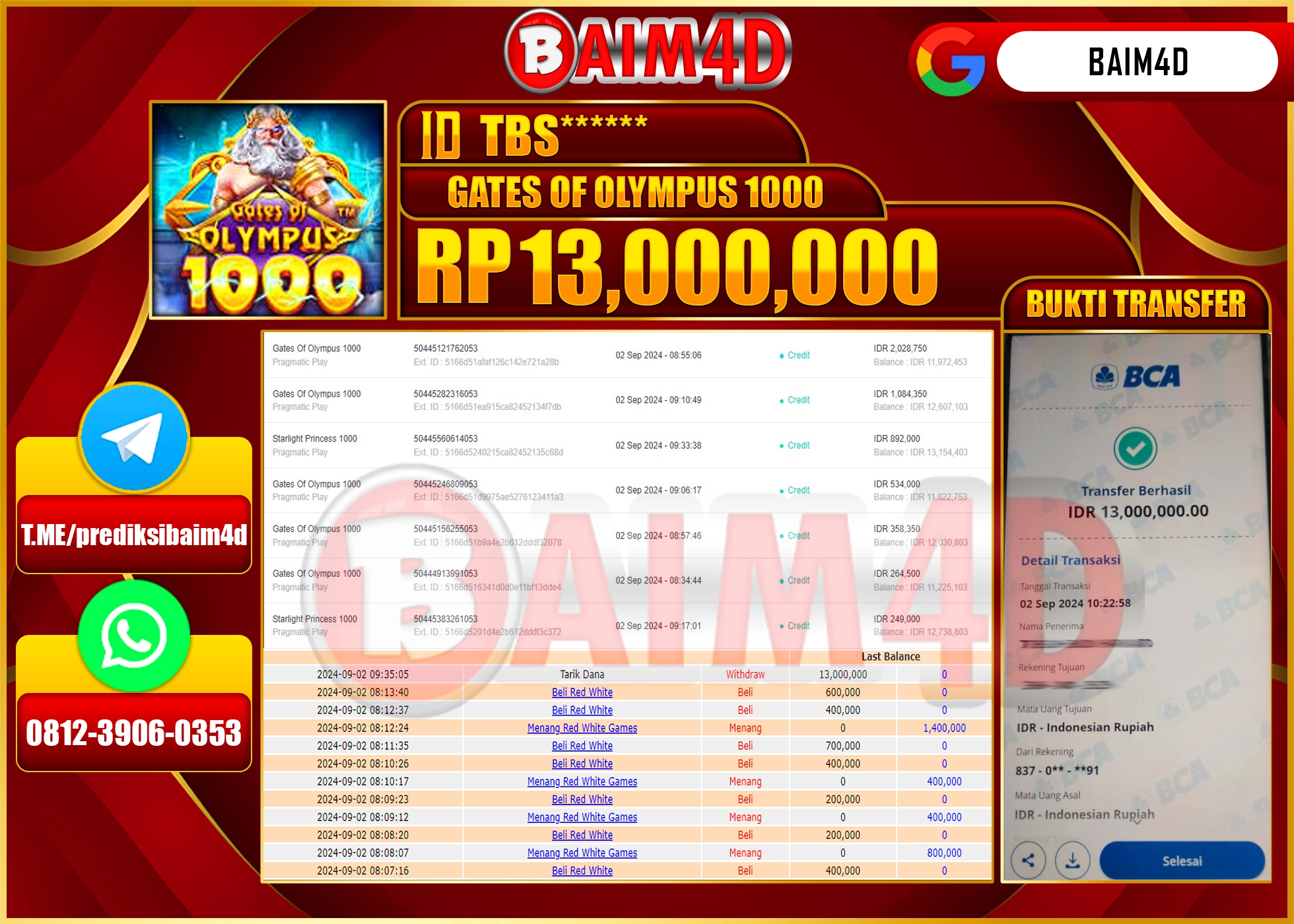 BAIM4D JACKPOT GATES OF OLYMPUS 1000 Rp.13.000,000.- LUNAS