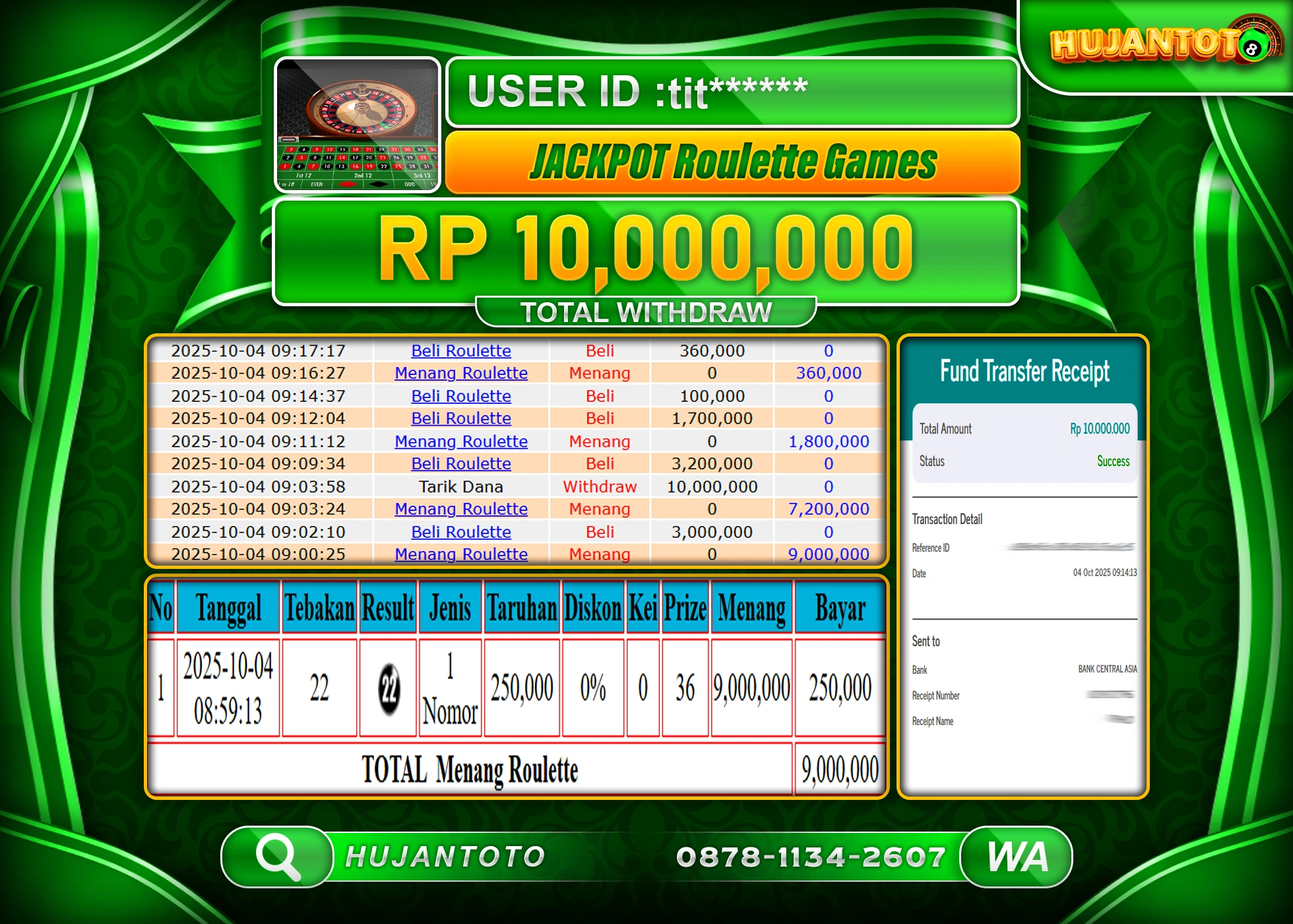 HUJANTOTO - BUKTI JACKPOT MENANG LIVEGAME ROULLATE GAMES Rp.10,000,000 - TERBAYAR LUNAS