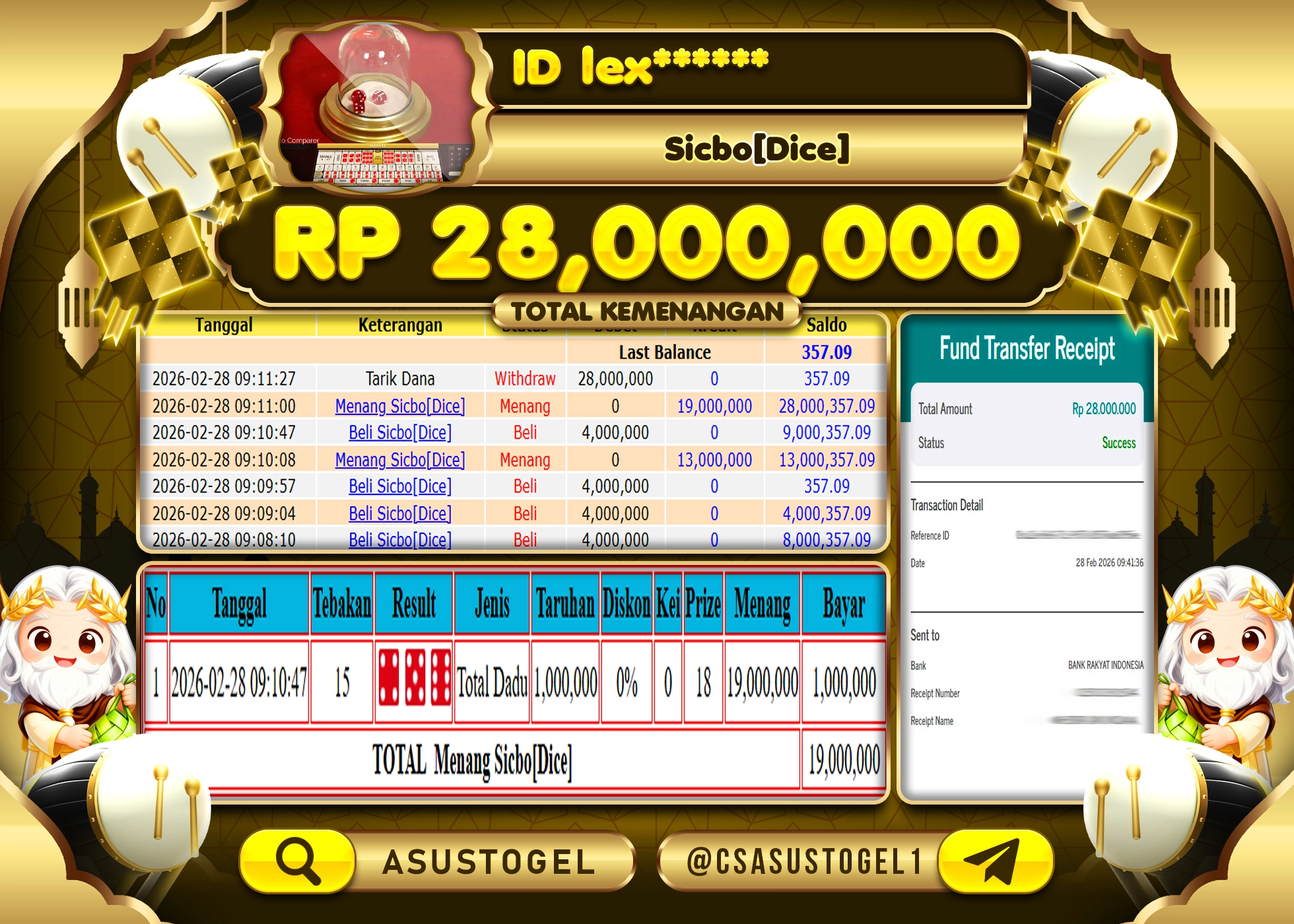 ASUSTOGEL KEMENANGAN DI LIVE GAMES SICBO [DICE] SEBESAR 28,000,000 - RUPIAH LUNAS