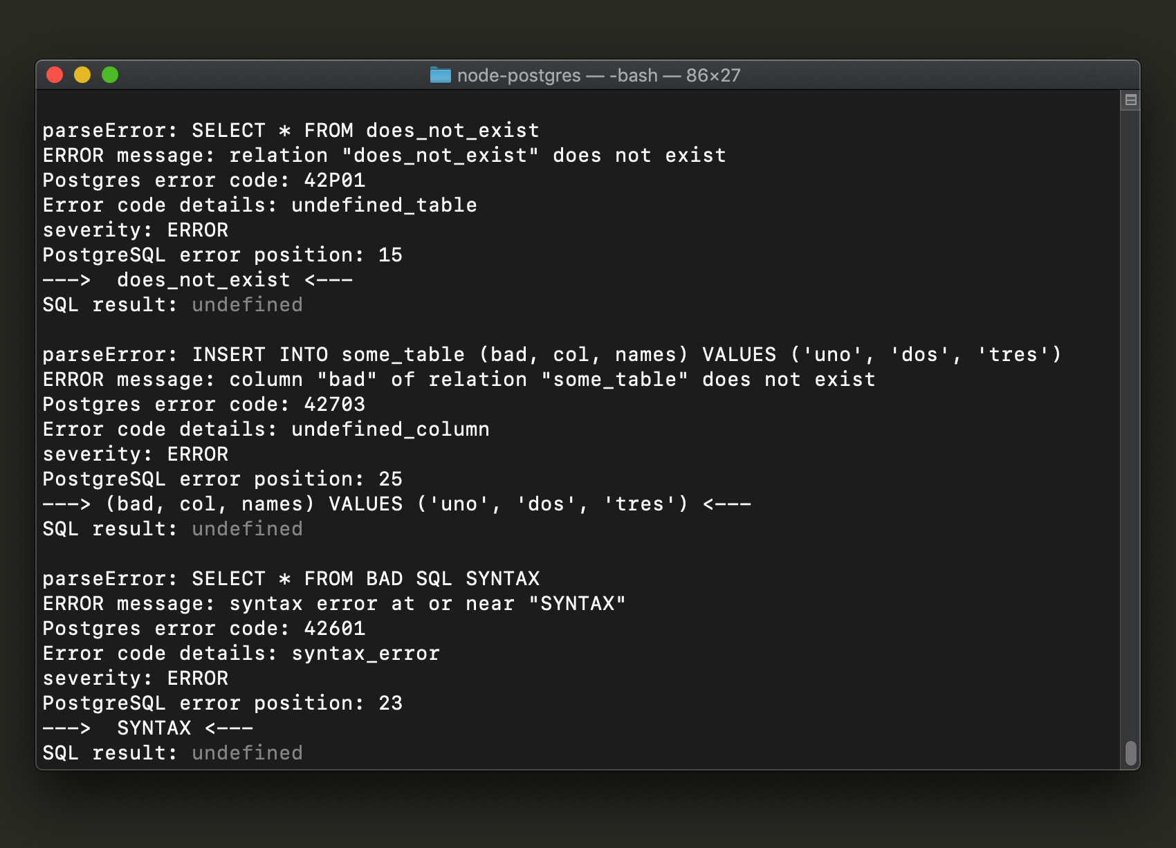 Screenshot of PostgreSQL Node errors returned by pg in a terminal window