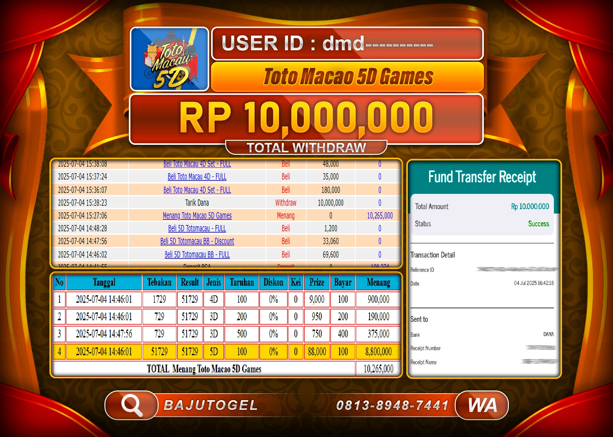BAJUTOGEL KEMENANGAN TOTO MACAO 5D Rp.10.000.000 LUNAS