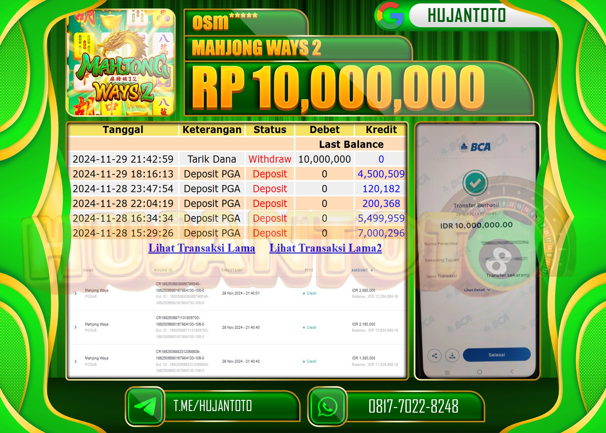 HUJANTOTO MENANG BESAR DI PERMAINAN SLOT MAHJONG WAYS 2 10.000.000 - LUNAS 