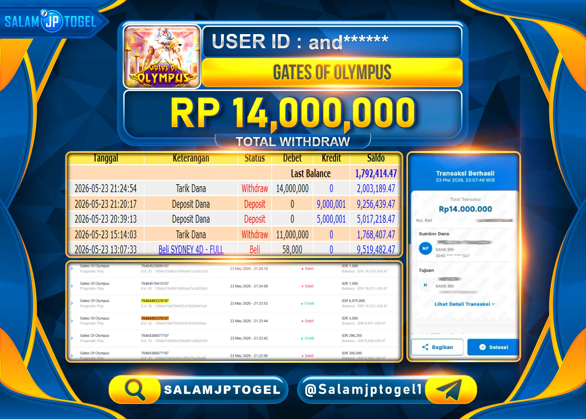 SALAMJPTOGEL JACKPOT Menang Gates Of Olympus (Playmatic) Rp.14,000,000 - LUNAS