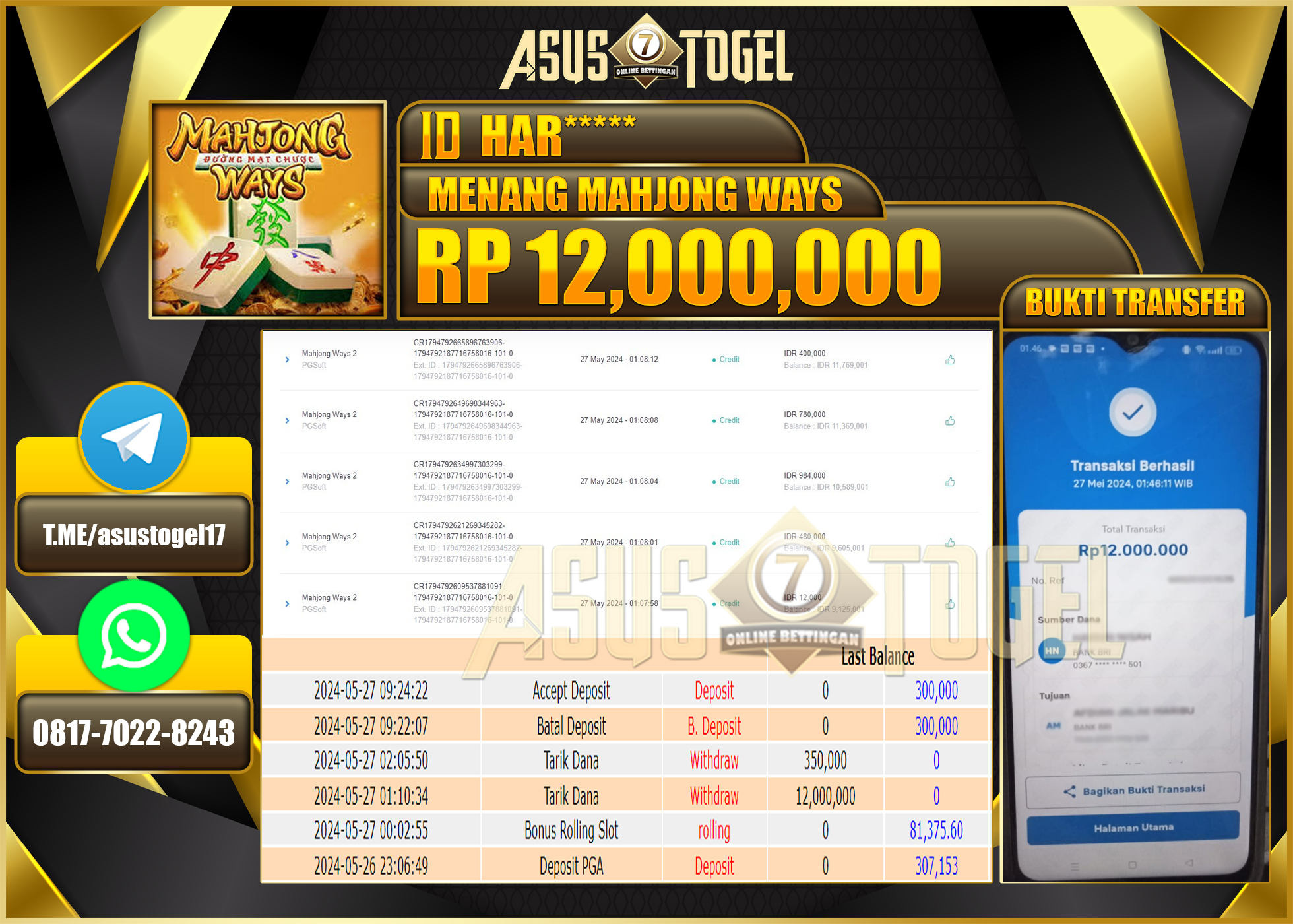 ASUSTOGEL KEMENANGAN  MAHJONG WAYS 12,000,000-LUNAS