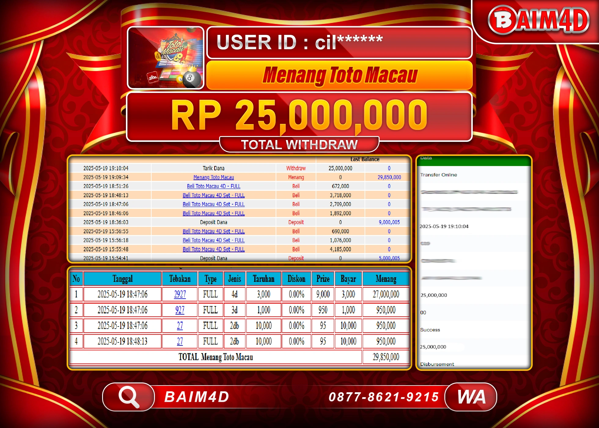 BAIM4D MENANG JACKPOT  TOTO MACAU  Rp25,000,000 - LUNAS