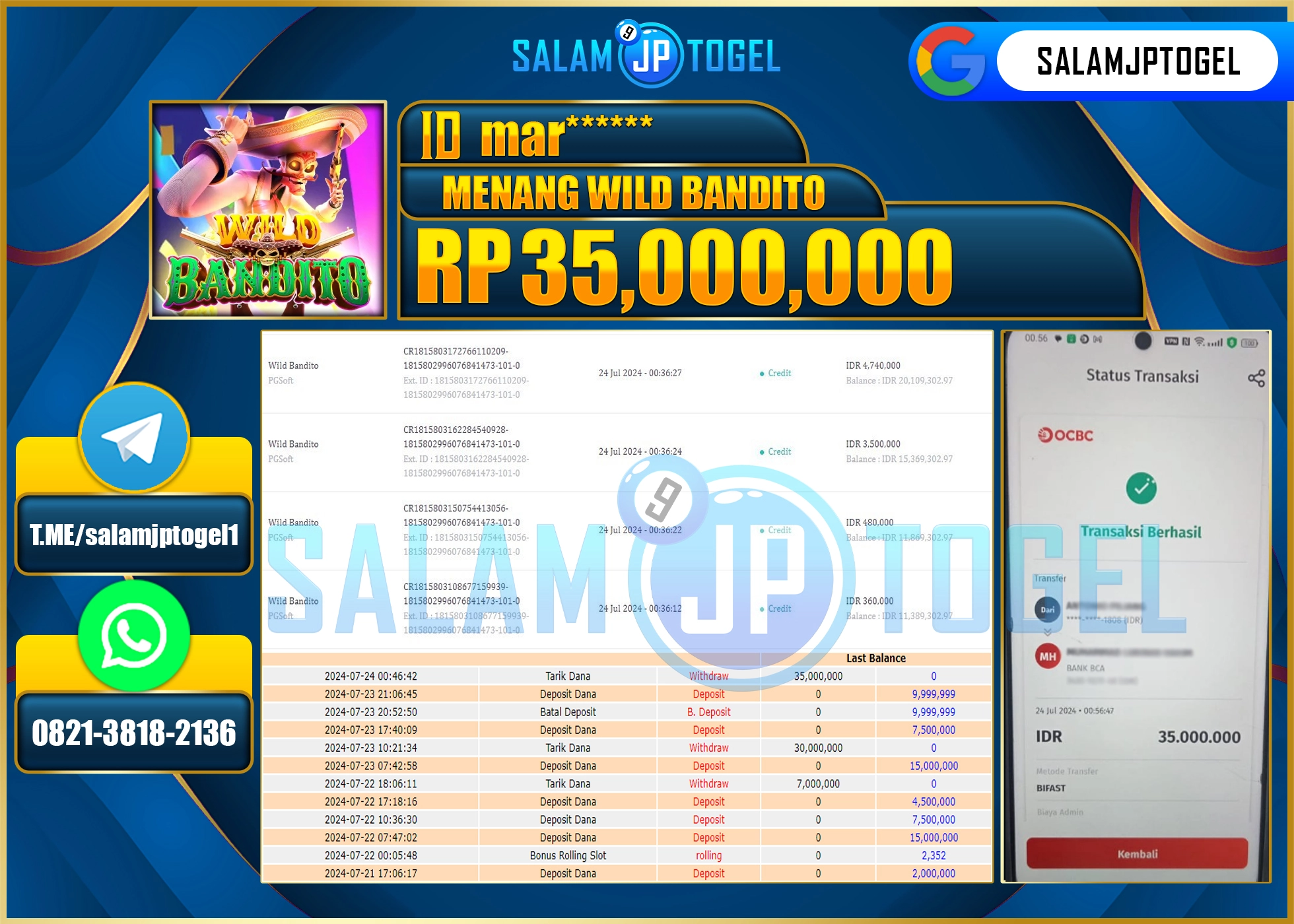 SALAMJPTOGEL MENANG SLOT WILD BANDITO RP. 35,000,000.,LUNAS