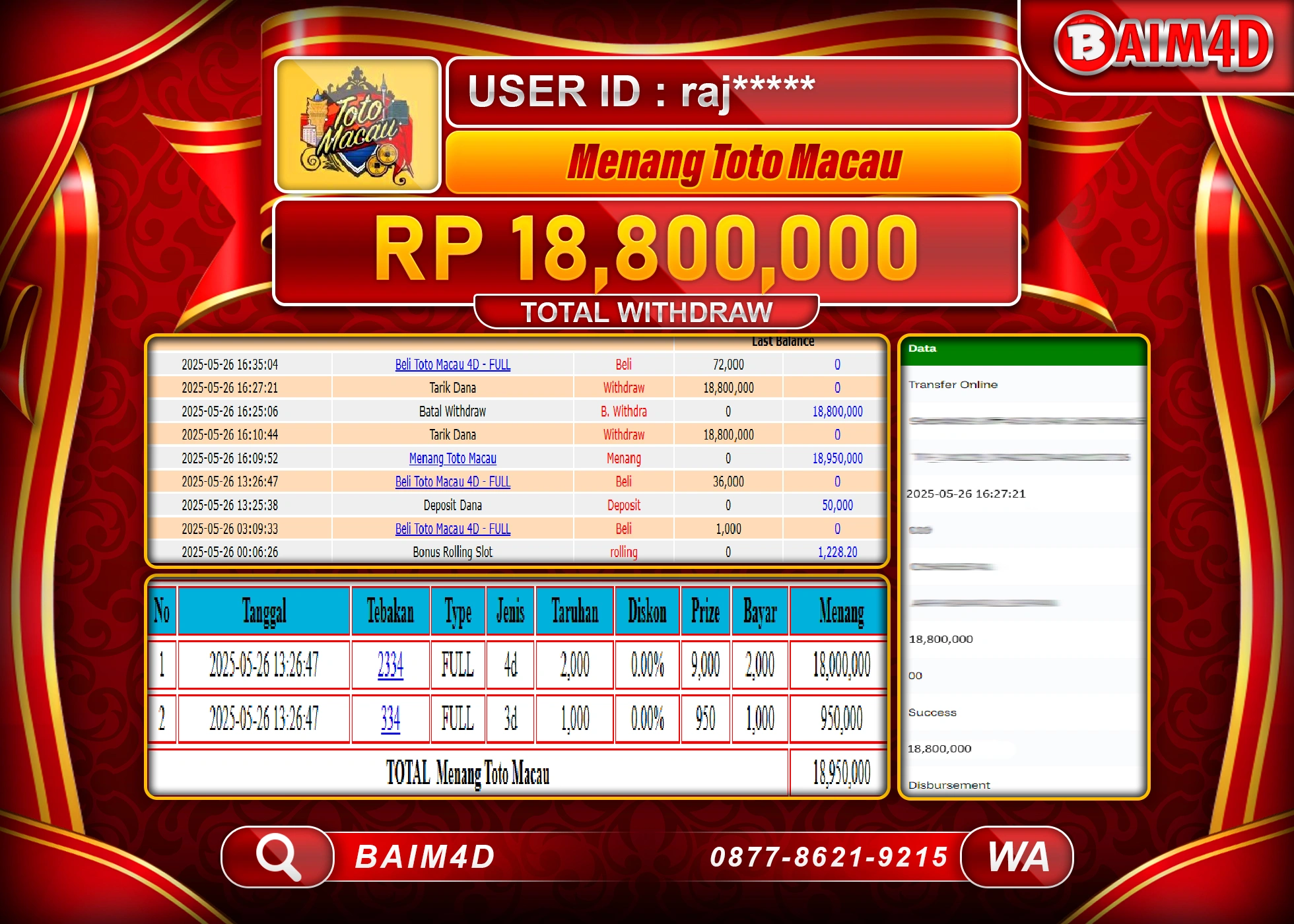 BAIM4D MENANG JACKPOT TOGEL TOTO MACAU 4D Rp18,800,000 - LUNAS