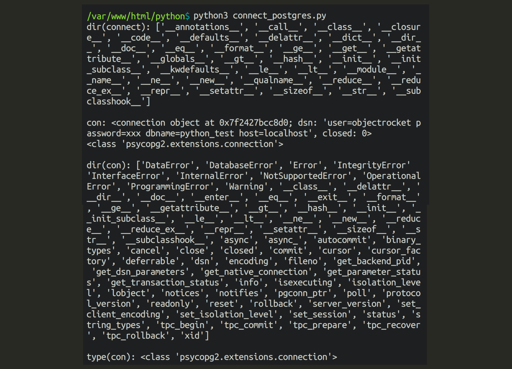 Screenshot of terminal running Python script to connect to PostgreSQL