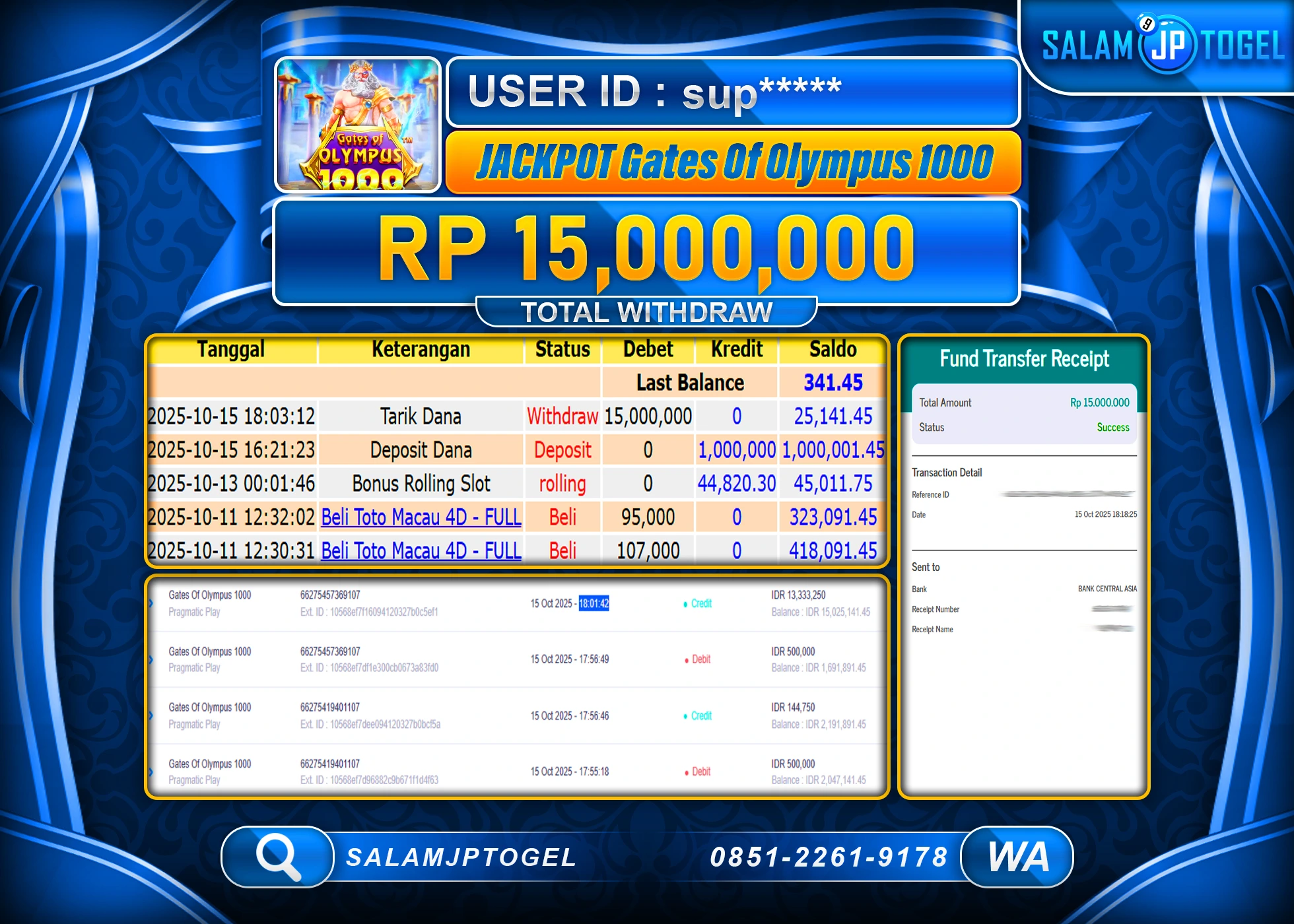 SALAMJPTOGEL MENANG GATES OF OLYMPUS 1000 Rp.15,000,000  - LUNAS