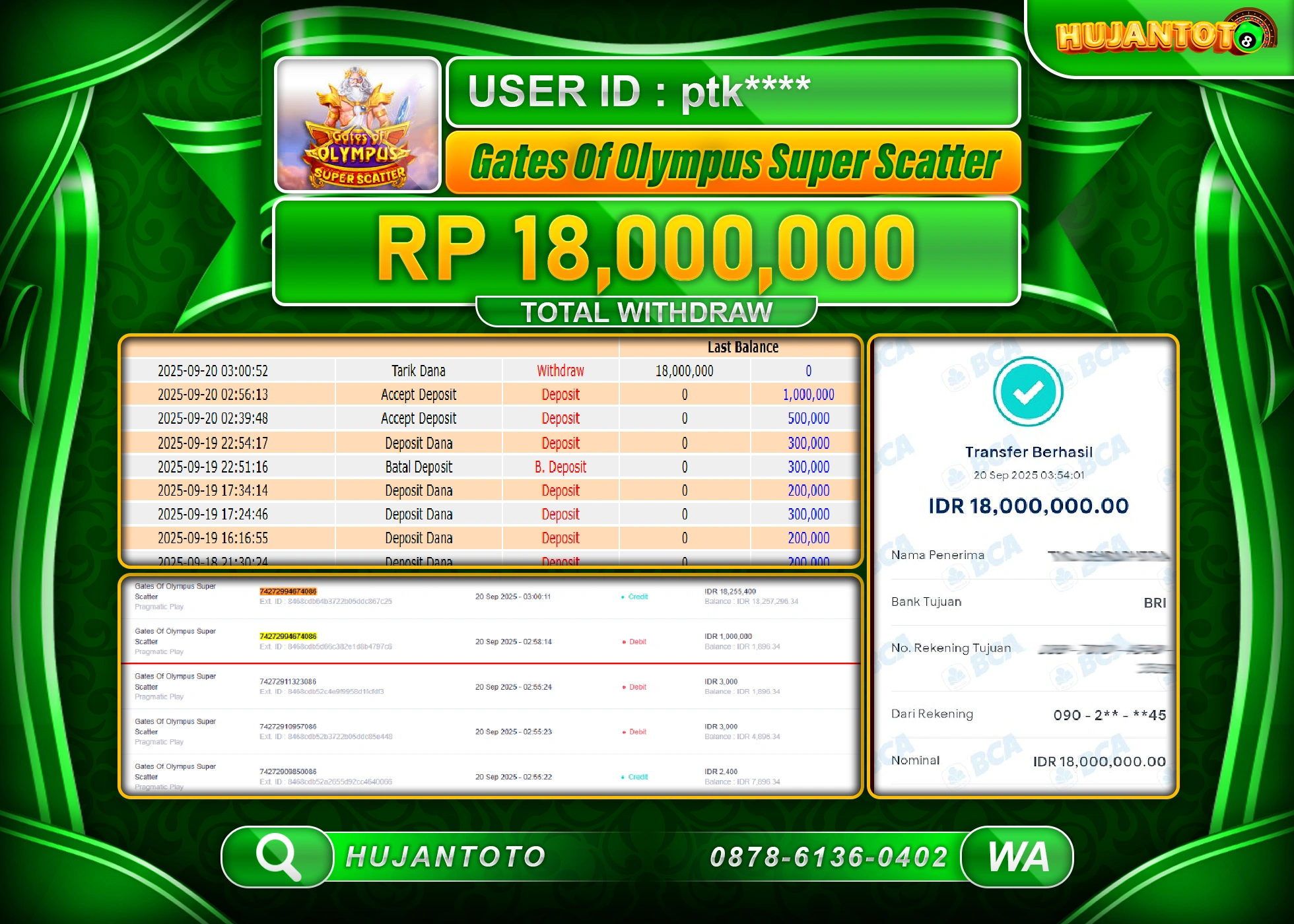 HUJANTOTO - BUKTI JACKPOT MENANG SLOT GATES OF OLYMPUS SUPER SCATTER Rp.18,000,000 - TERBAYAR LUNAS