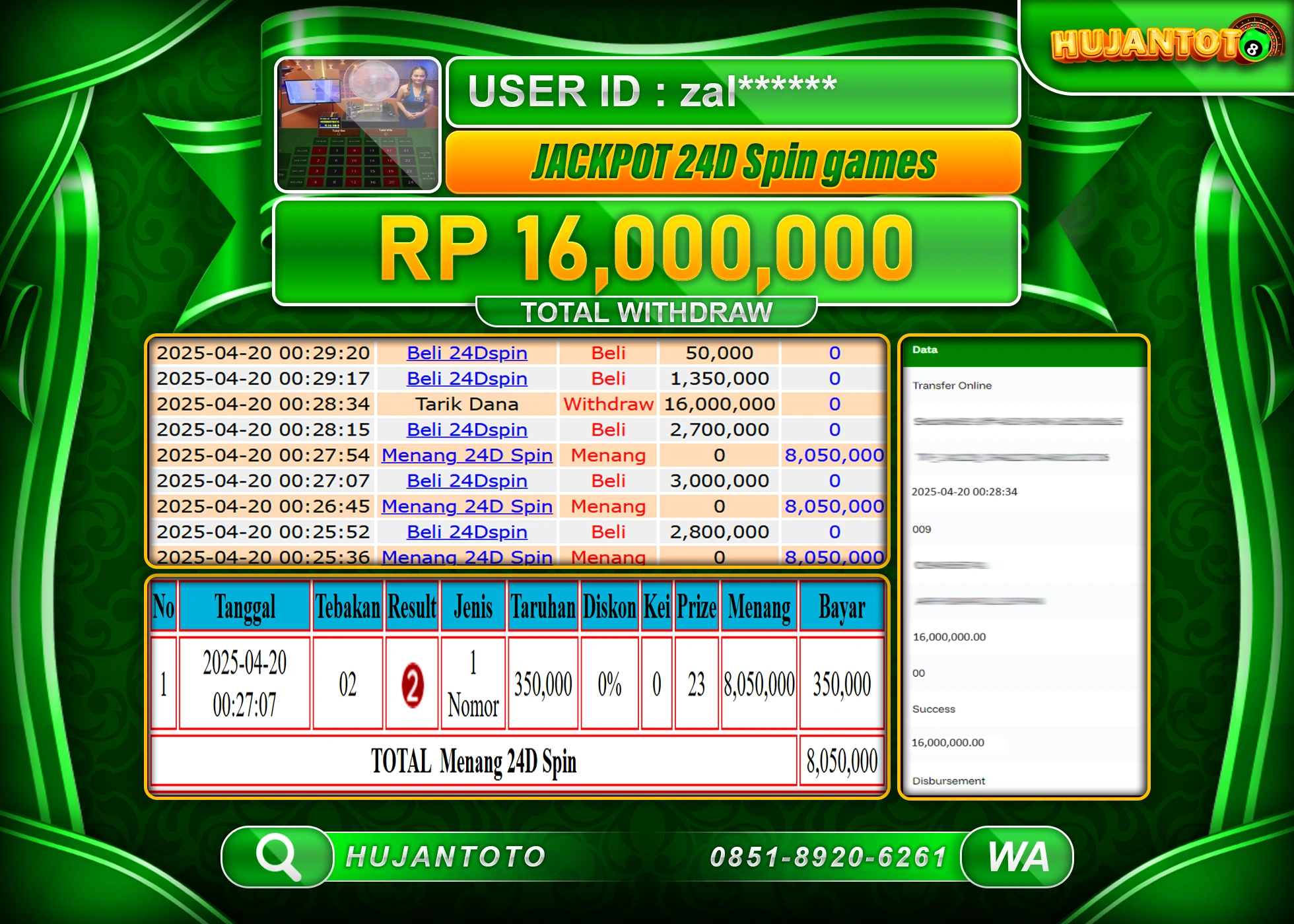 HUJANTOTO - BUKTI JACKPOT MENANG LIVEGAME 24D SPIN GAMES Rp,16,000,000  - TERBAYAR LUNAS