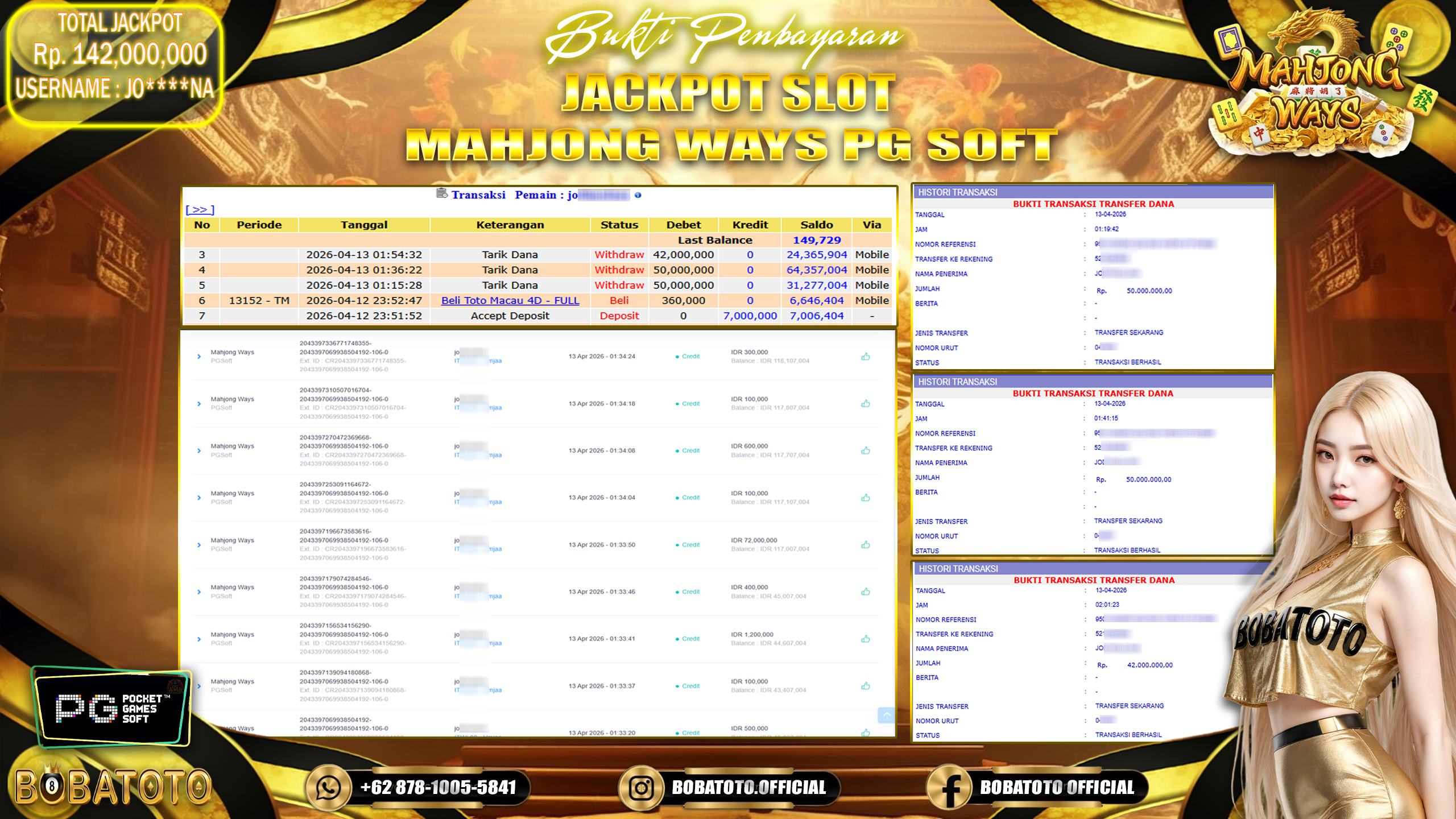 BOBATOTO JACKPOT SLOT MAHJONG WAYS PG SOFT  Rp.142,000,000,- LUNAS!!