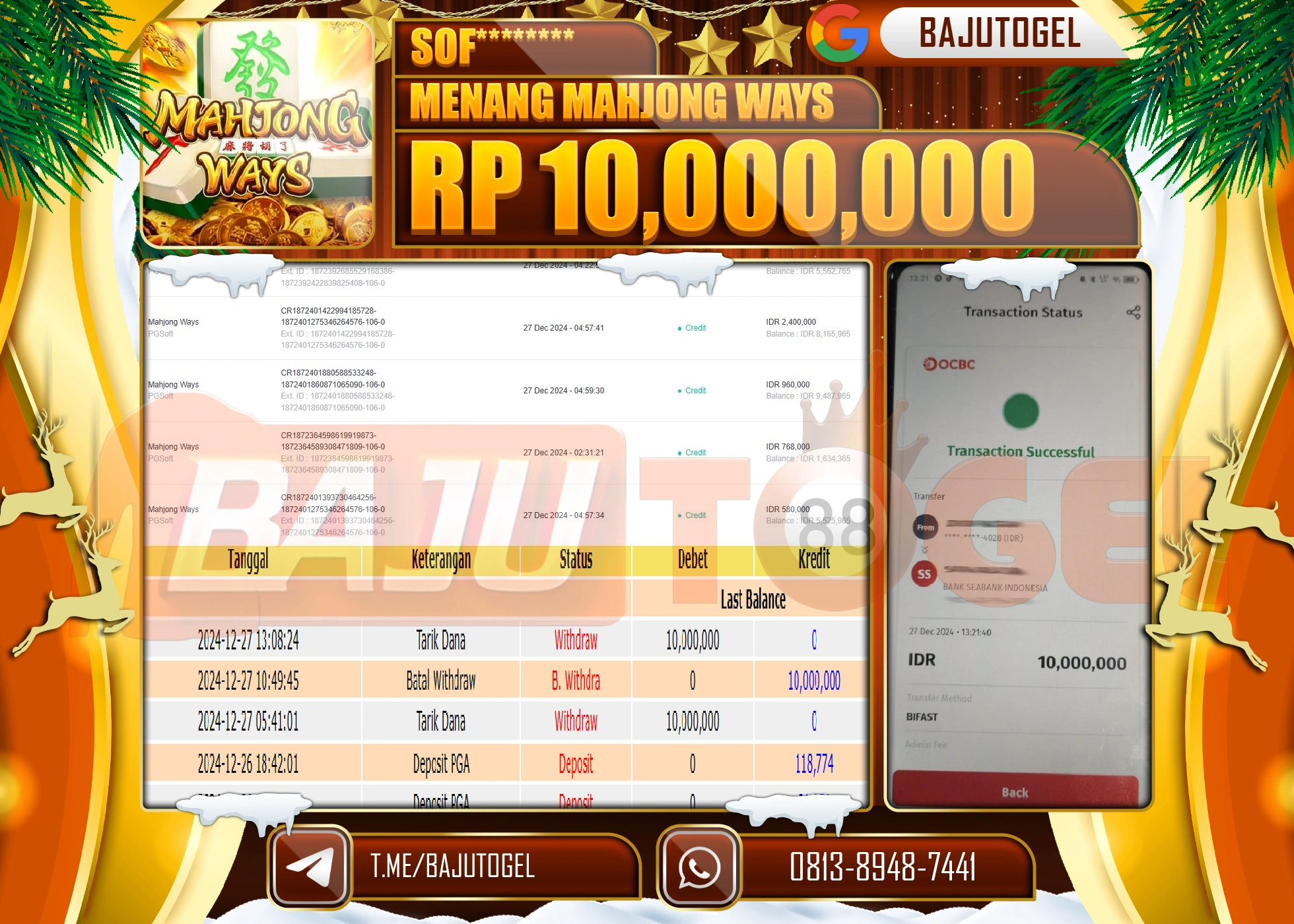 BAJUTOGEL JACKPOT SLOT MAHJONG WAYS Rp.10.000.000 LUNAS