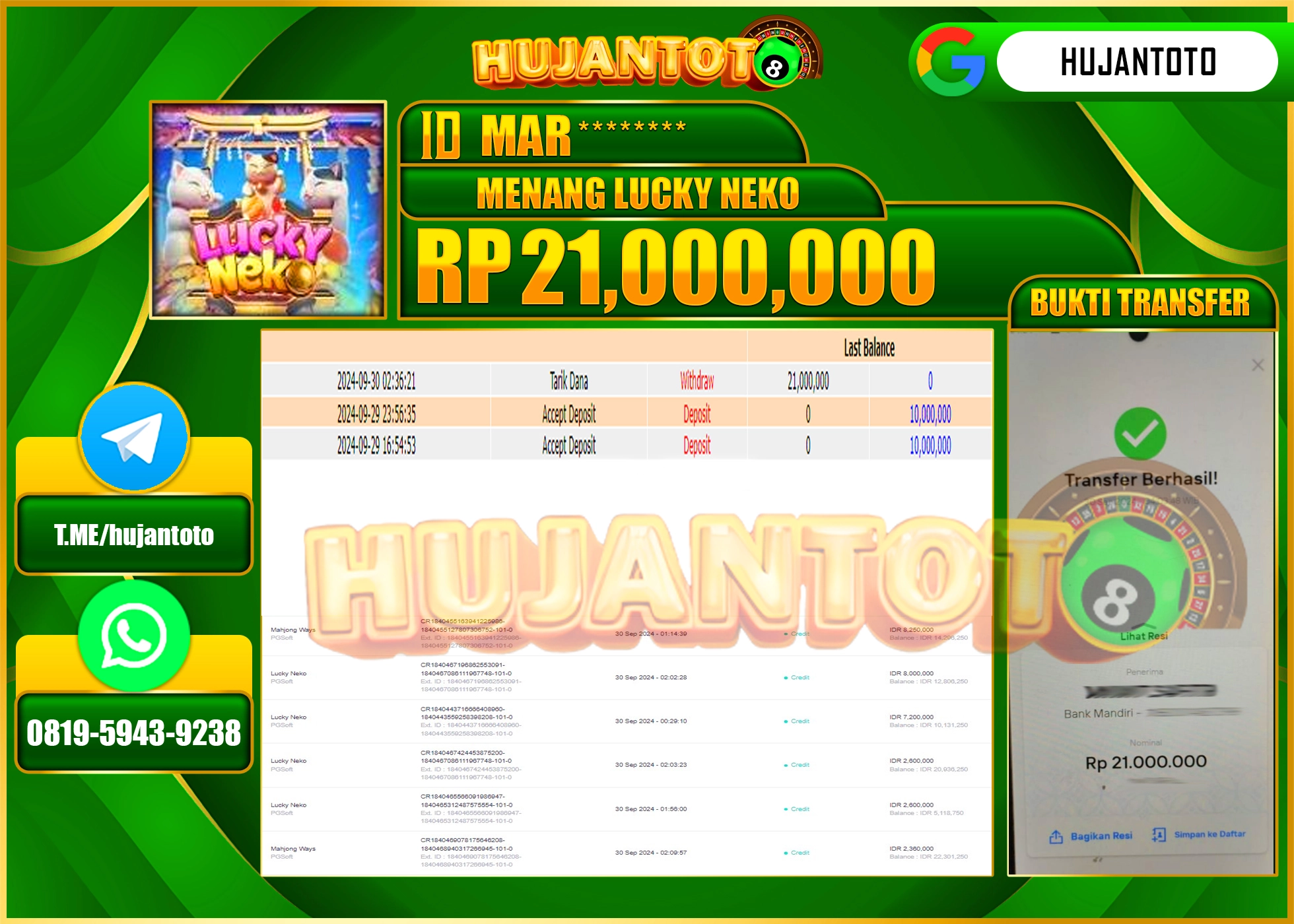 HUJANTOTO MENANG BESAR DI PERMAINAN MENANG LUCKY NEKO - 21.000,000 - LUNAS 