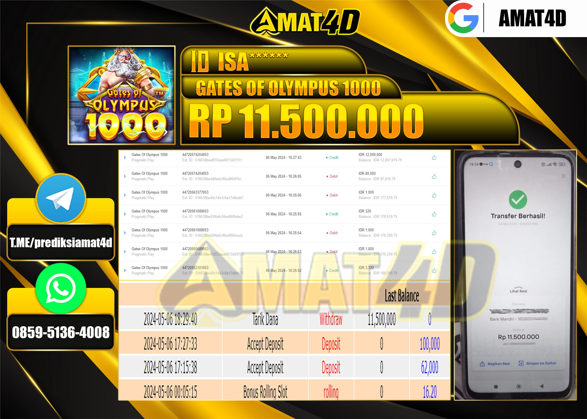 AMAT4D JACKPOT SLOT GATES OF OLYMPUS 1000 Rp.11.500.000 BERHASIL DI BAYAR LUNAS