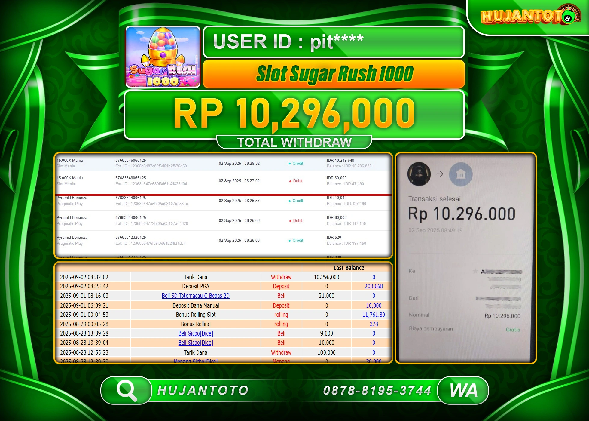 HUJANTOTO - BUKTI JACKPOT MENANG SLOT SUGAR RUSH 1000 Rp.10,296,000 - TERBAYAR LUNAS
