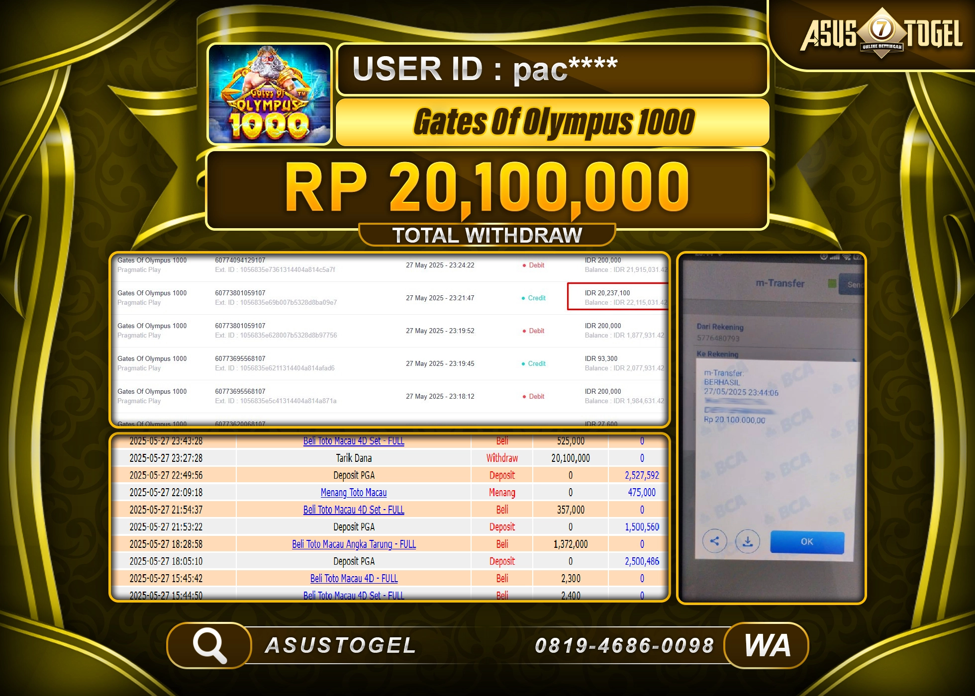  ASUSTOGEL KEMENANGAN DI SLOT GATES OF OLYMPUS 1000  SEBESAR 20,100,000- RUPIAH LUNAS
