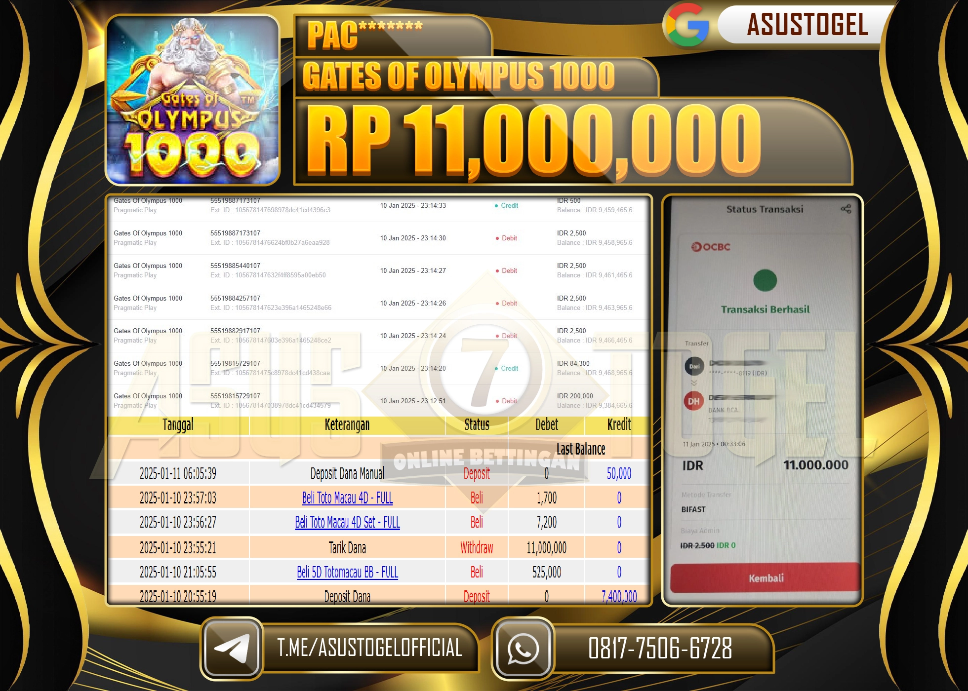 ASUSTOGEL KEMENANGAN DI SLOT GATES OF OLYMPUS 1000 SEBESAR 11,000,000- RUPIAH LUNAS