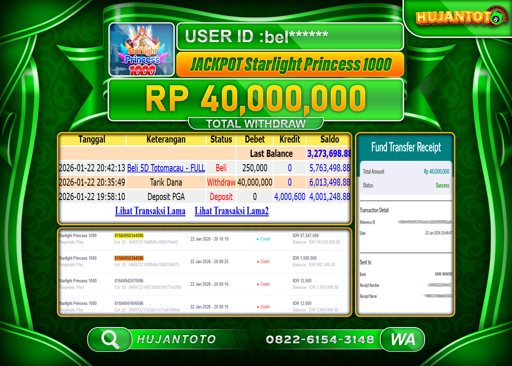 HUJANTOTO - BUKTI JACKPOT MENANG SLOT STARLIGHT PRINCESS 1000 Rp.40,000,000 - TERBAYAR LUNAS
