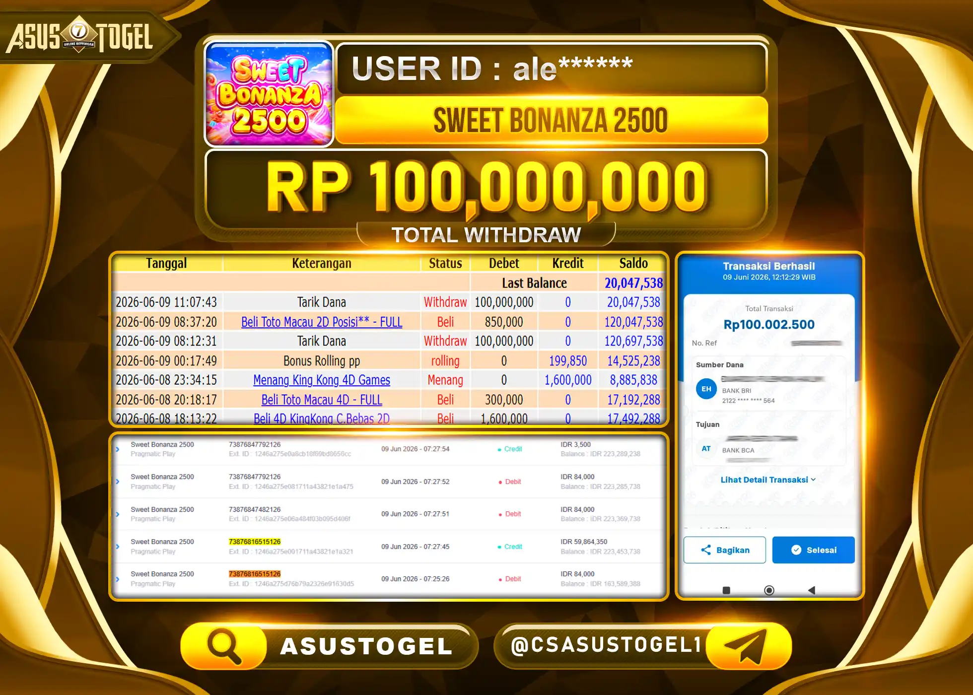 ASUSTOGEL KEMENANGAN JACKPOT SLOT SWEET BONANZA 2500 Rp.100,000,000 - RUPIAH LUNAS