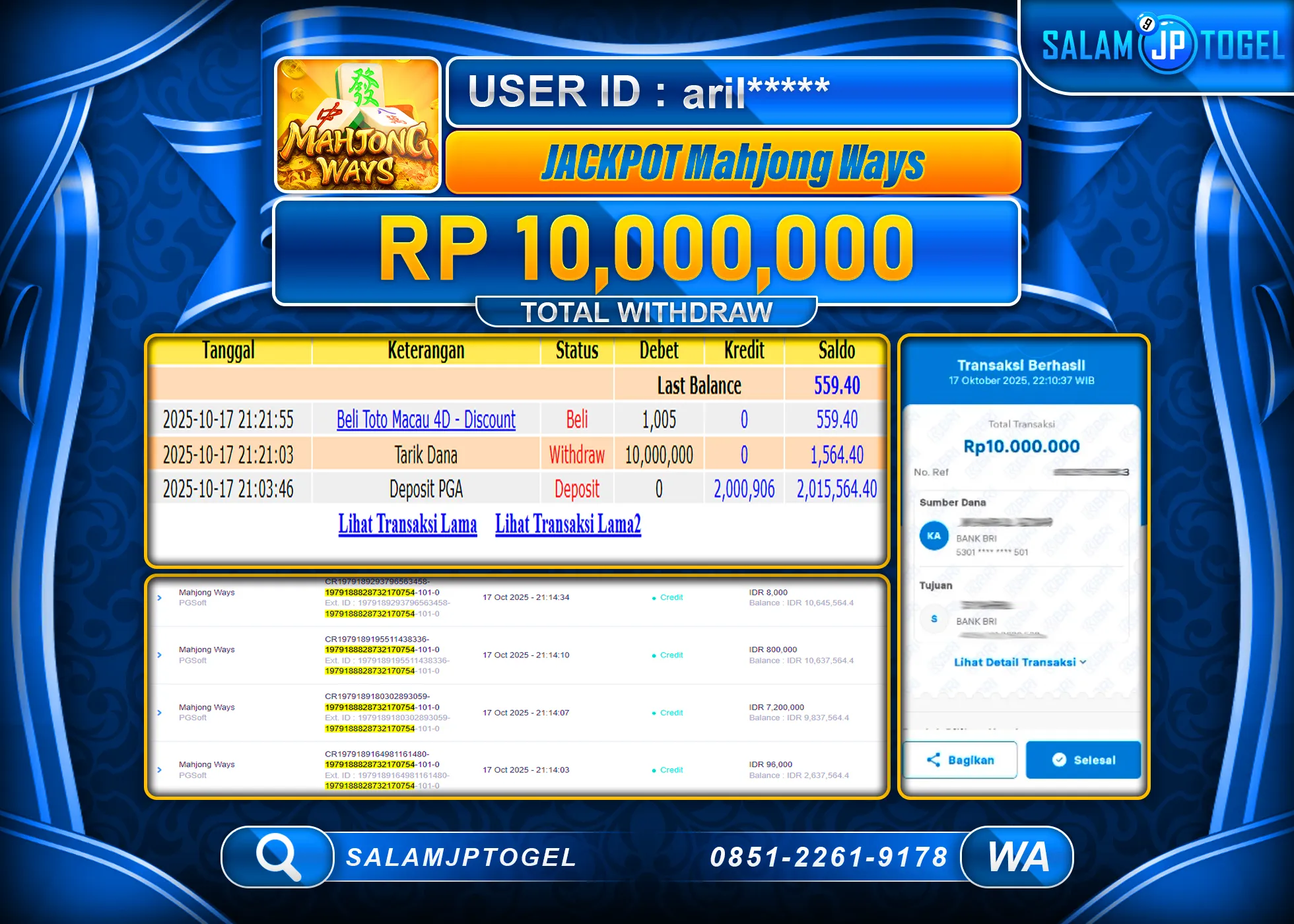 SALAMJPTOGEL MENANG JACKPOT MAHJONG WAYS Rp.10,000,000  - LUNAS