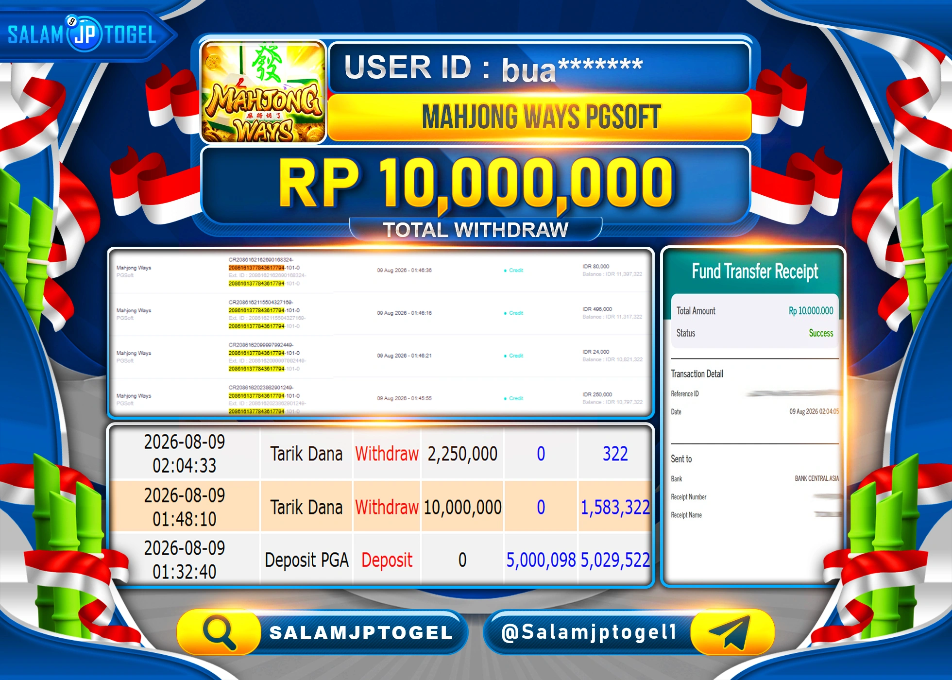 SALAMJPTOGEL JACKPOT MENANG SLOT MAHJONG WAYS PG SOFT  Rp.10,000,000 - LUNAS