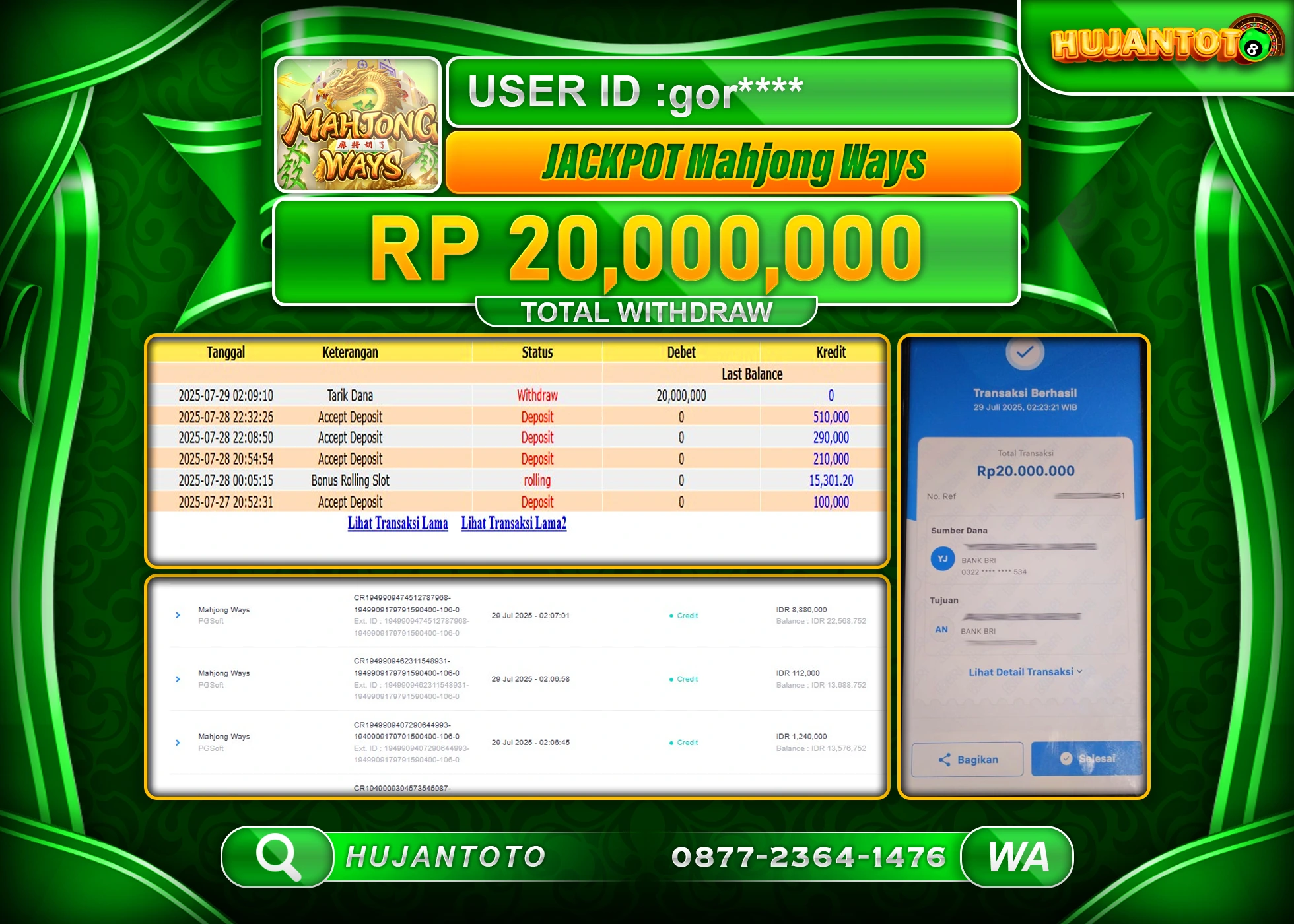 HUJANTOTO - BUKTI JACKPOT MENANG SLOT MAHJONG WAYS Rp.20,000,000 - TERBAYAR LUNAS