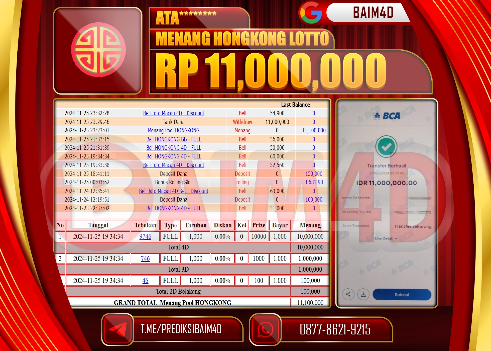 BAIM4D JACKPOT HONGKONG LOTTO Rp.11.000,000.- LUNAS
