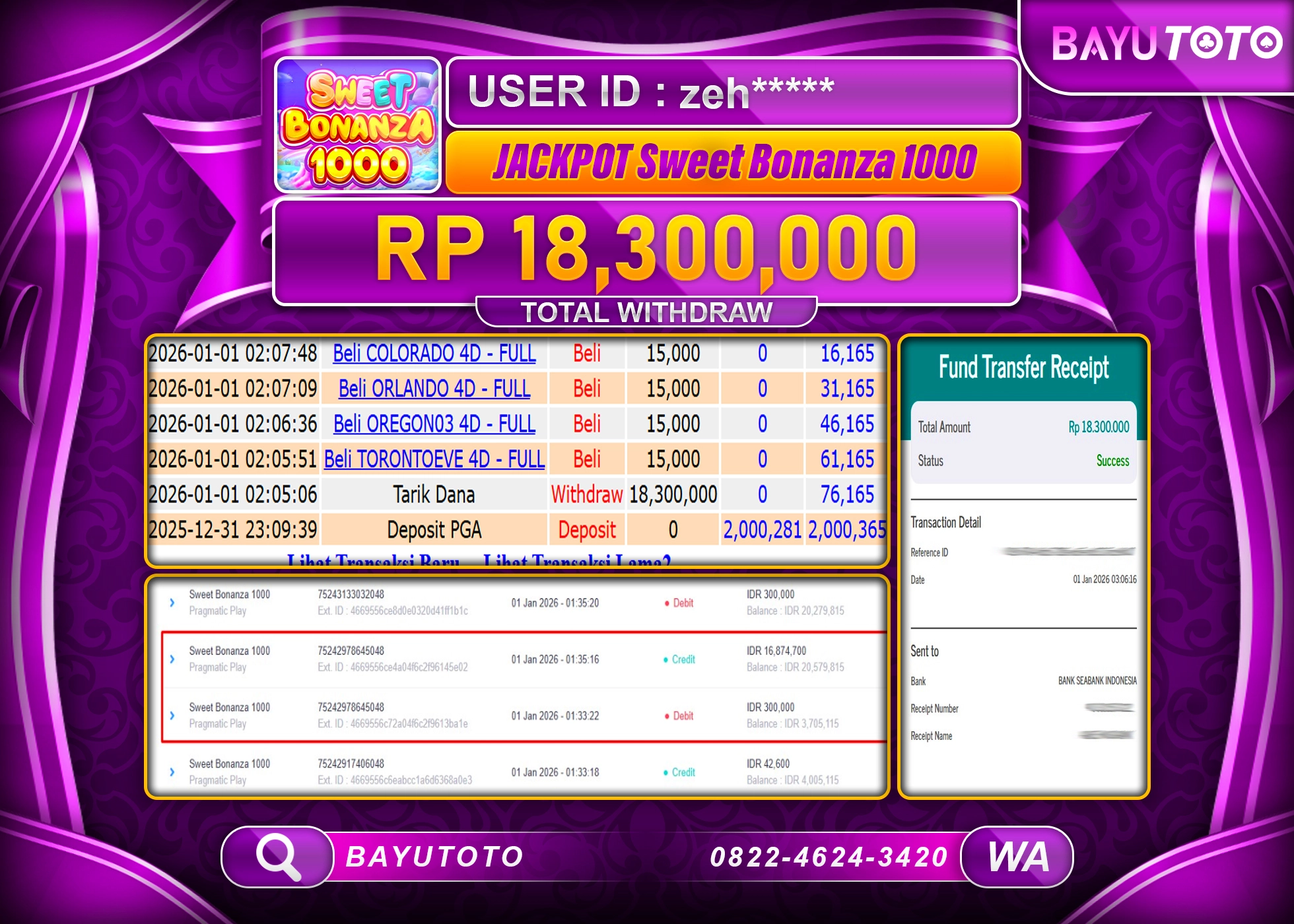 SELAMAT MEMBER SETIA BAYUTOTO JACKPOT DI SLOT SWEET BONANZA 1000 Rp. 18,300,000 LUNAS