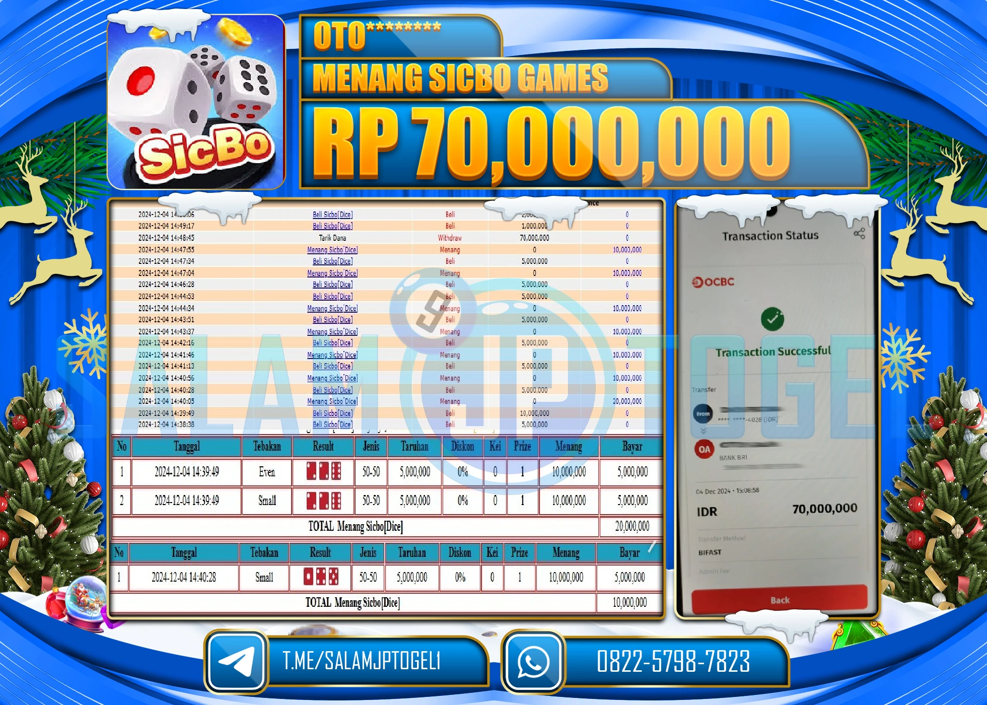 SALAMJPTOGEL MENANG LIVEGAME SICBO GAMES RP. 70,000,000 LUNAS