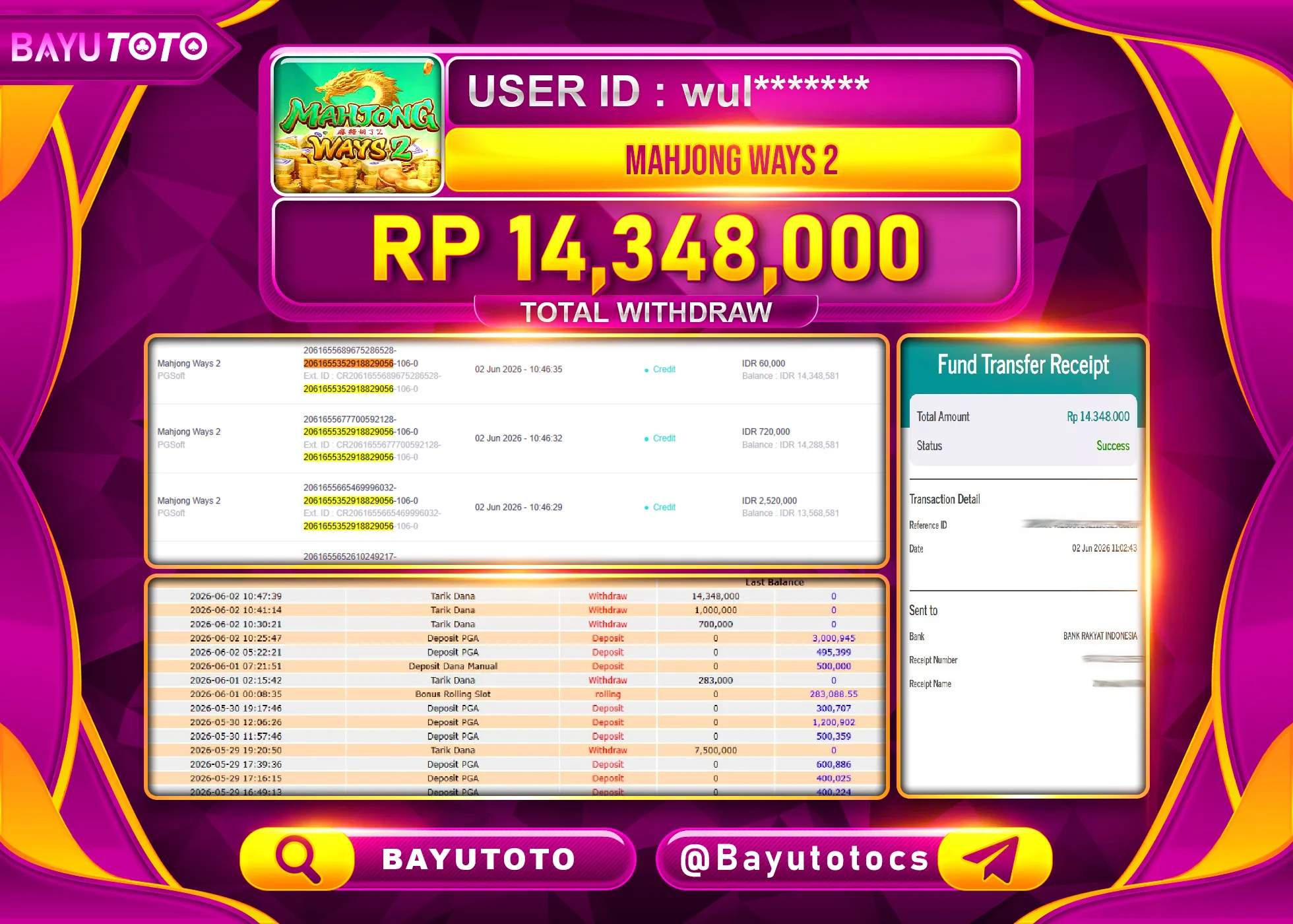 SELAMAT MEMBER SETIA BAYUTOTO JACKPOT DI SLOT MAHJONG WAYS 2(PGSOFT) Rp. 14,348,000 LUNAS