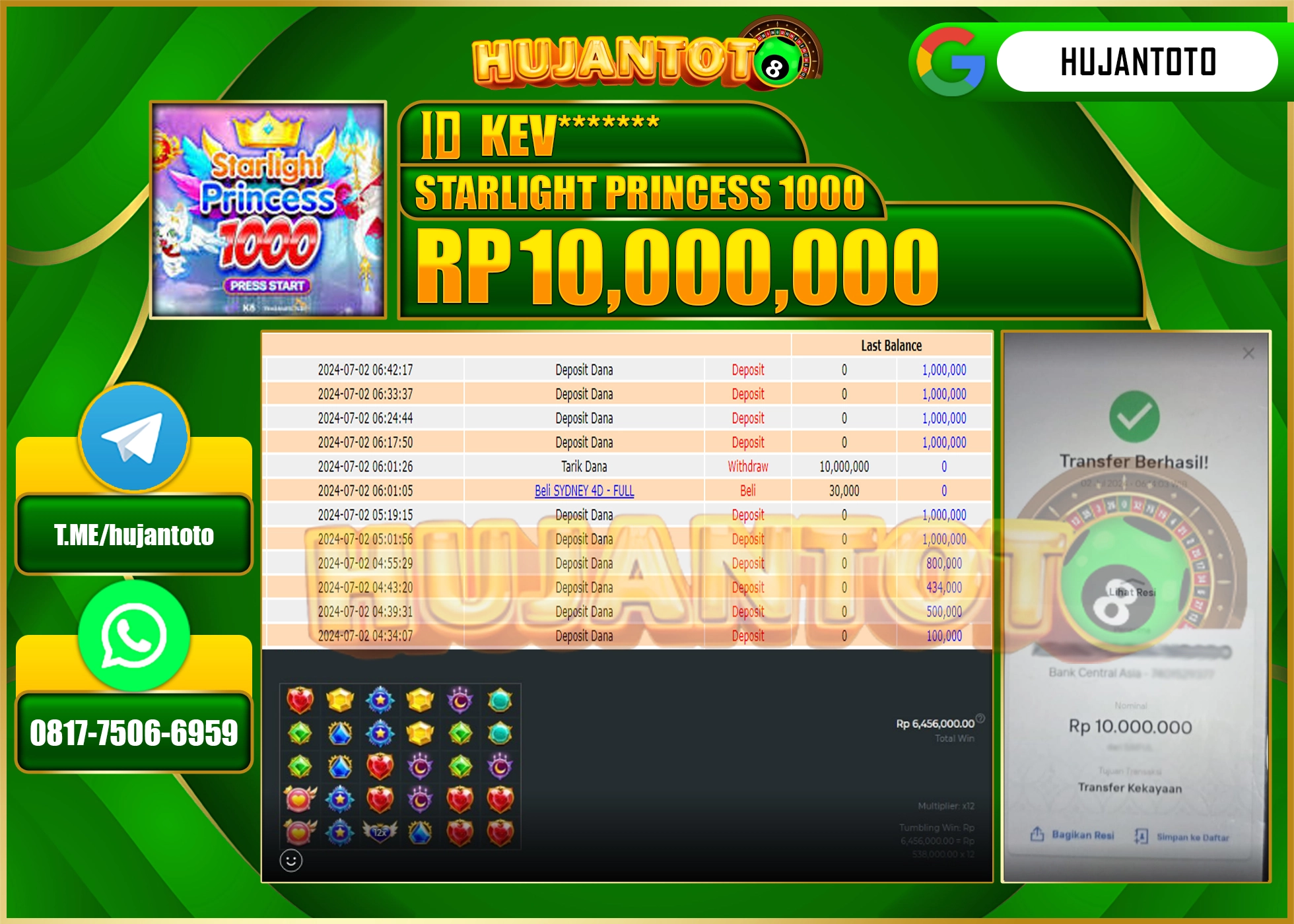 HUJANTOTO MENANG SLOT STARLIGHT PRINCES 1000, 10,000,000 - LUNAS 