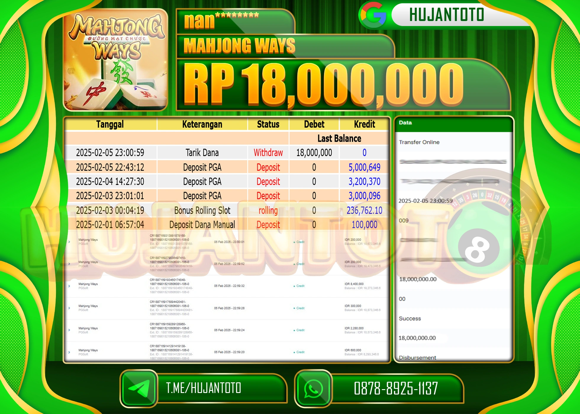 HUJANTOTO - BUKTI JACKPOT MENANG SLOT MAHJONG WAYS Rp,18,000,000 - TERBAYAR LUNAS