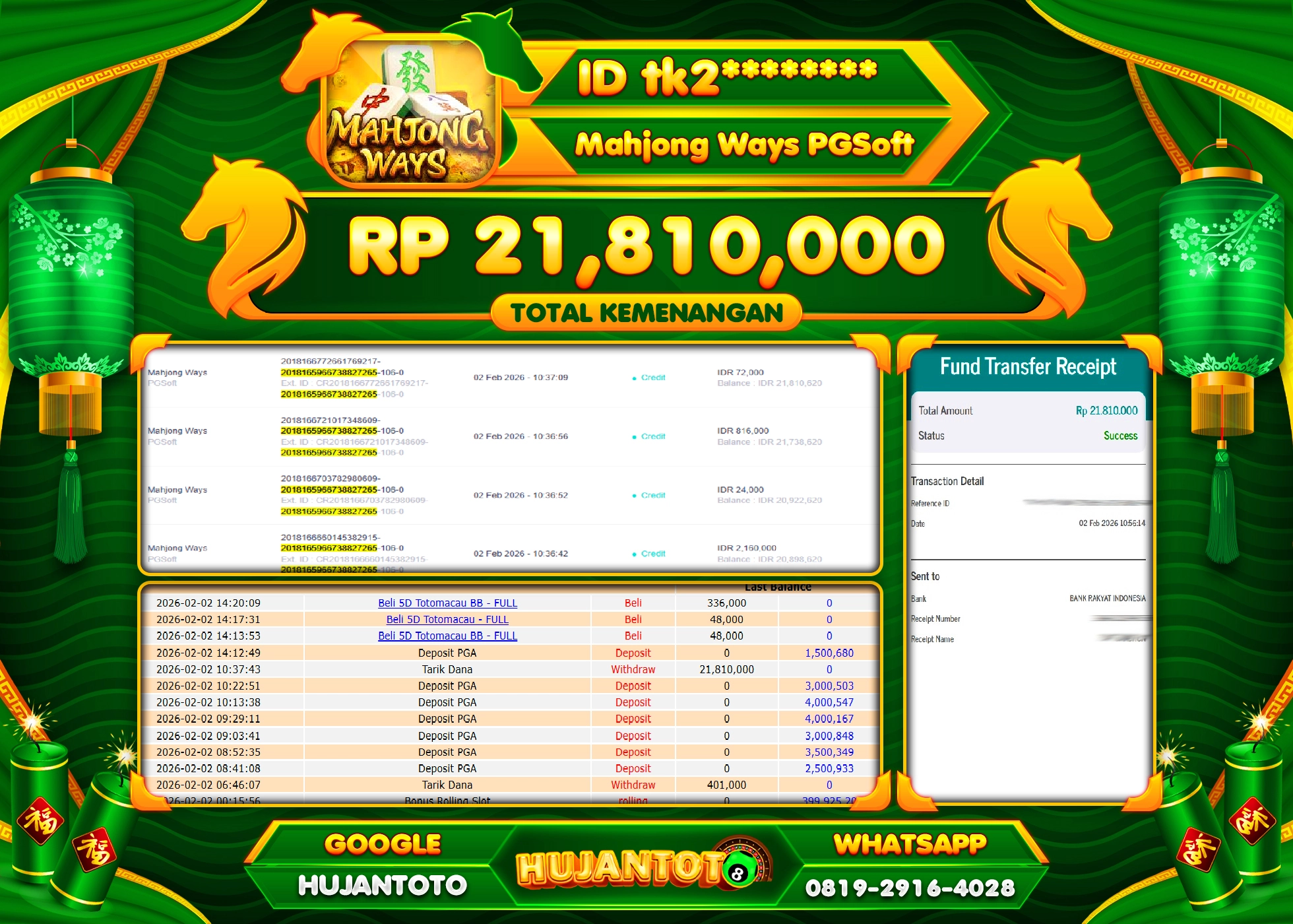 HUJANTOTO - BUKTI JACKPOT MENANG SLOT MAHJONG WAYS Rp.21,810,000 - TERBAYAR LUNAS