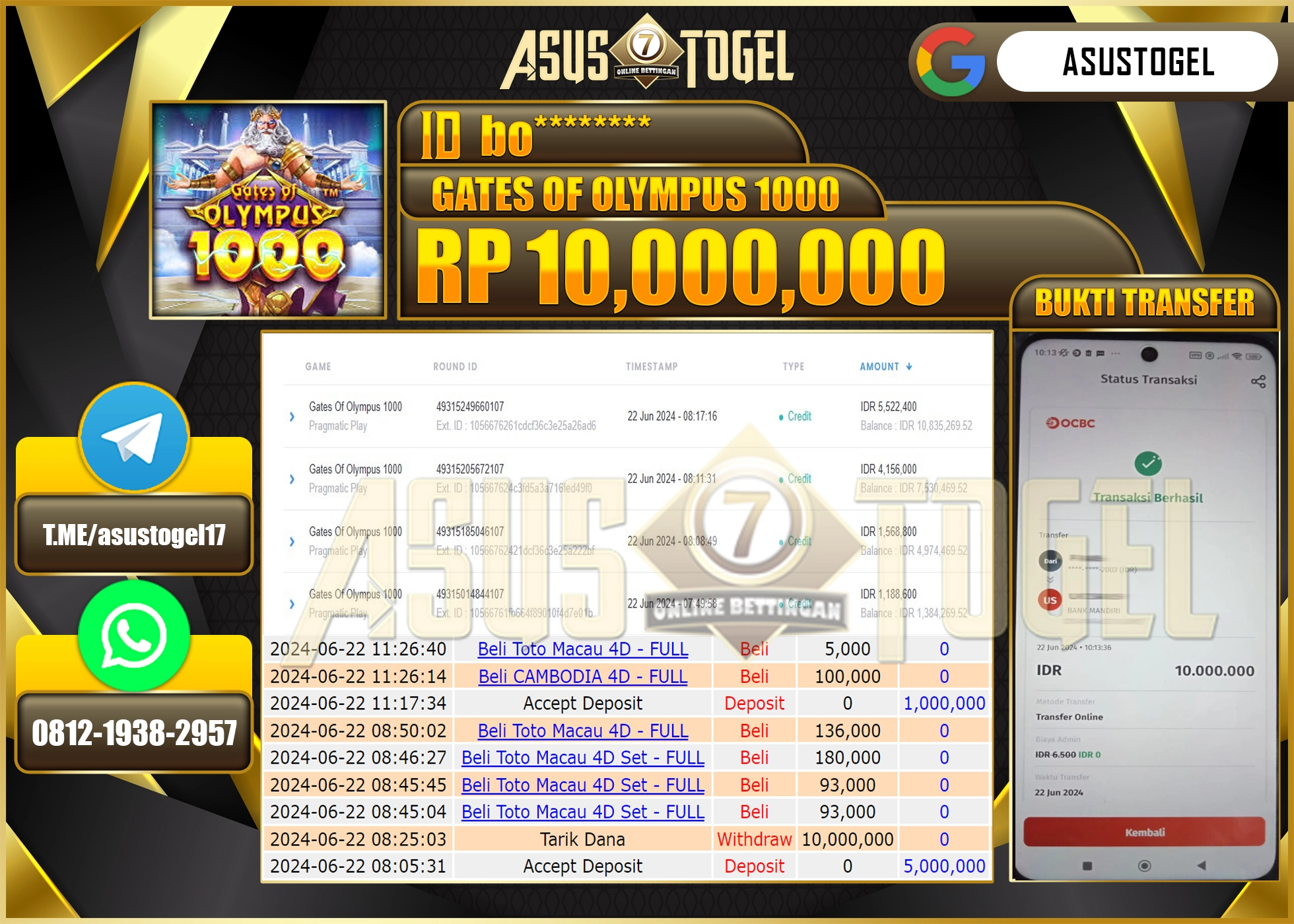 ASUSTOGEL KEMENANGAN GATES OF OLYMPUS 1000 SEBESAR 10,000,000-LUNAS