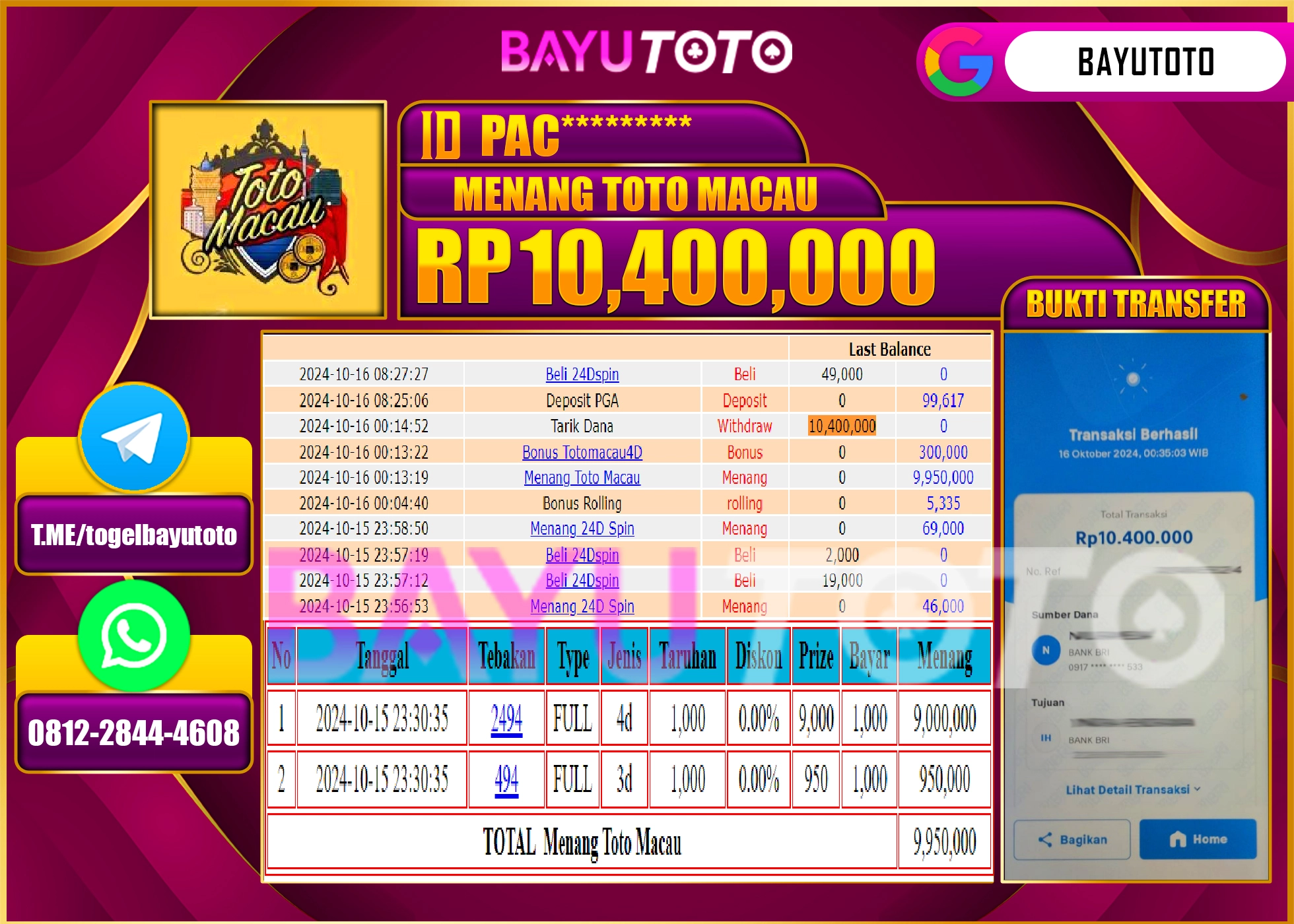 BAYUTOTO MENANG TOGEL TOTO MACAU 10.400.000 - LUNAS